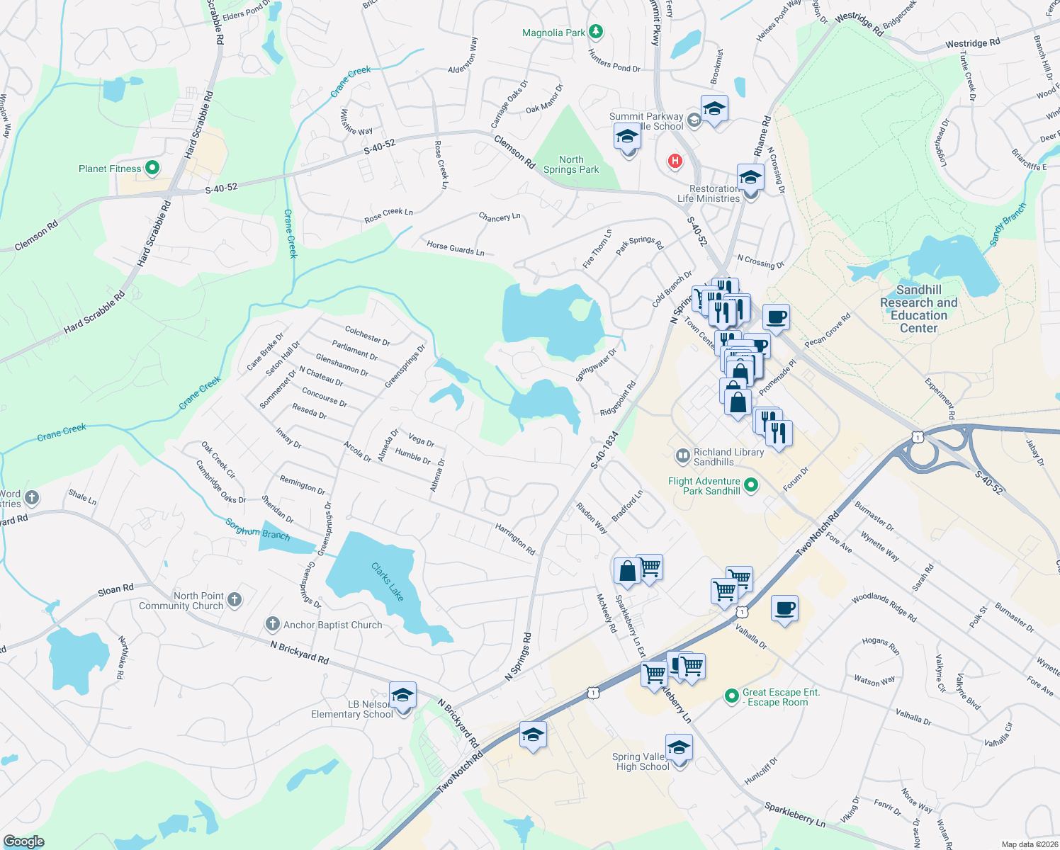 map of restaurants, bars, coffee shops, grocery stores, and more near 136 Fishers Shore Road in Columbia
