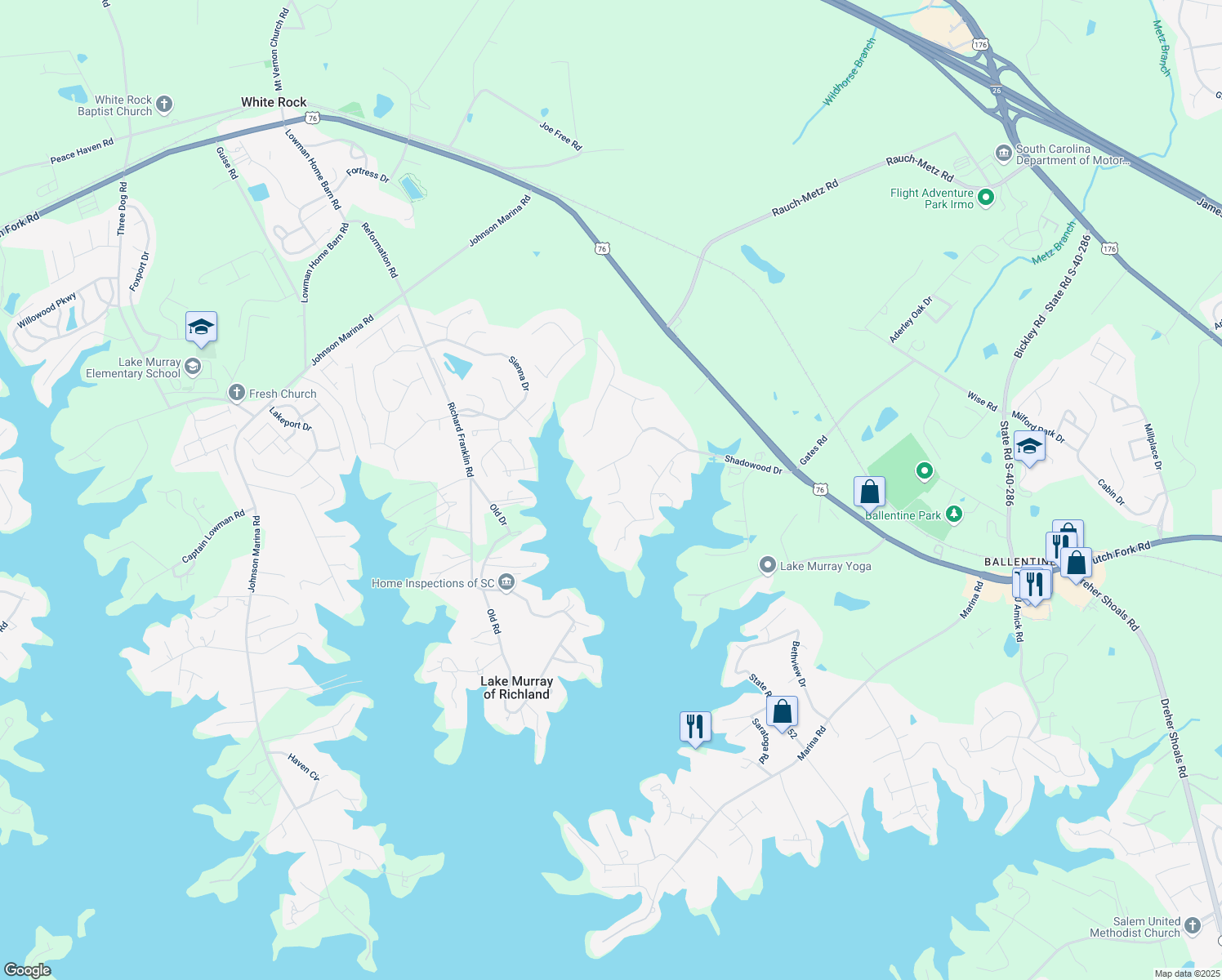 map of restaurants, bars, coffee shops, grocery stores, and more near 521 Water Garden Court in Irmo
