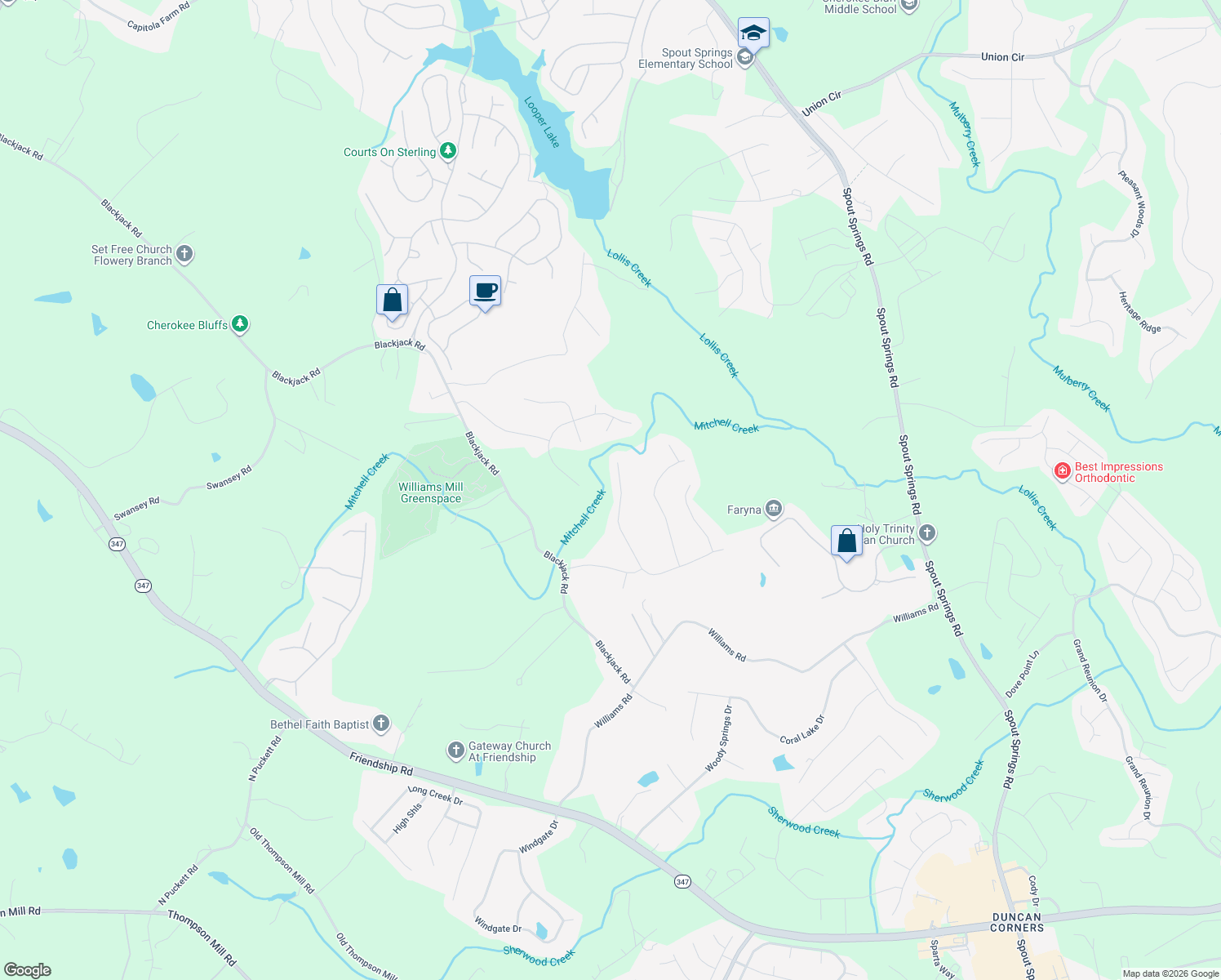 map of restaurants, bars, coffee shops, grocery stores, and more near 6424 River Hill Drive in Flowery Branch