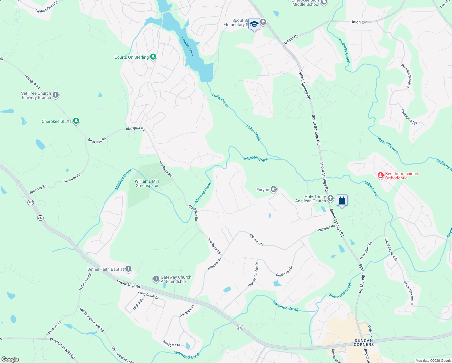 map of restaurants, bars, coffee shops, grocery stores, and more near 6731 Spring Head Drive in Flowery Branch