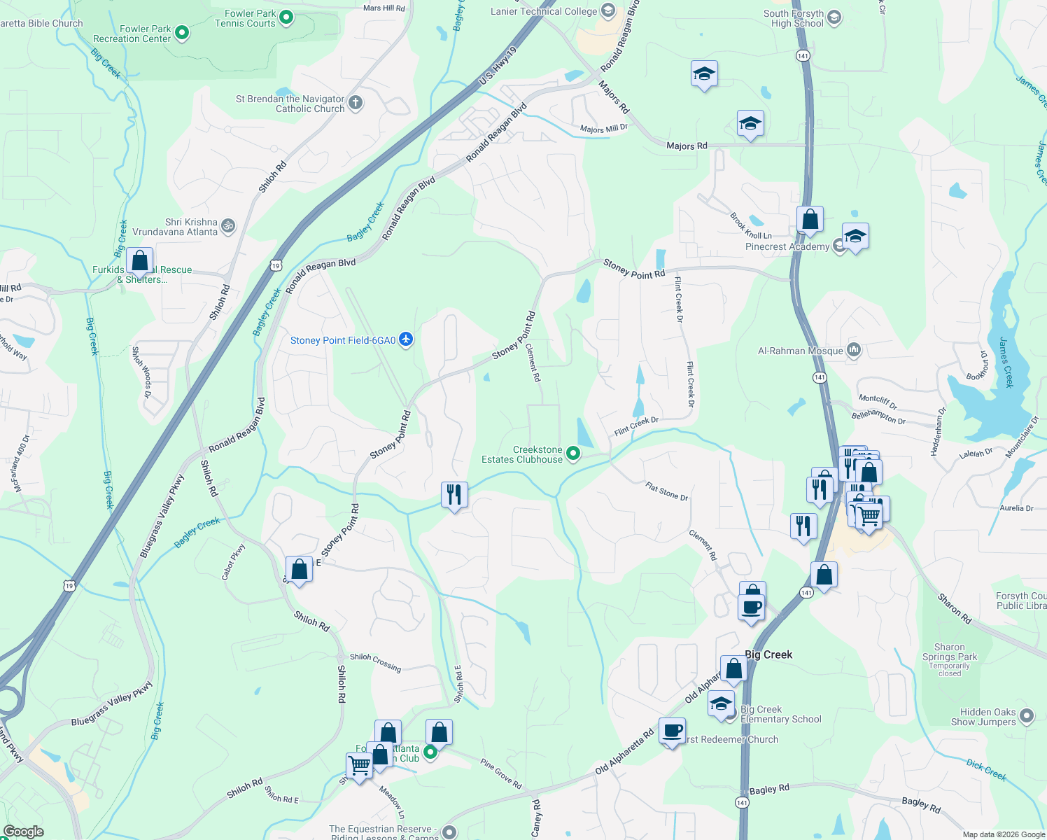 map of restaurants, bars, coffee shops, grocery stores, and more near 2305 Bute Cliff Trc in Cumming
