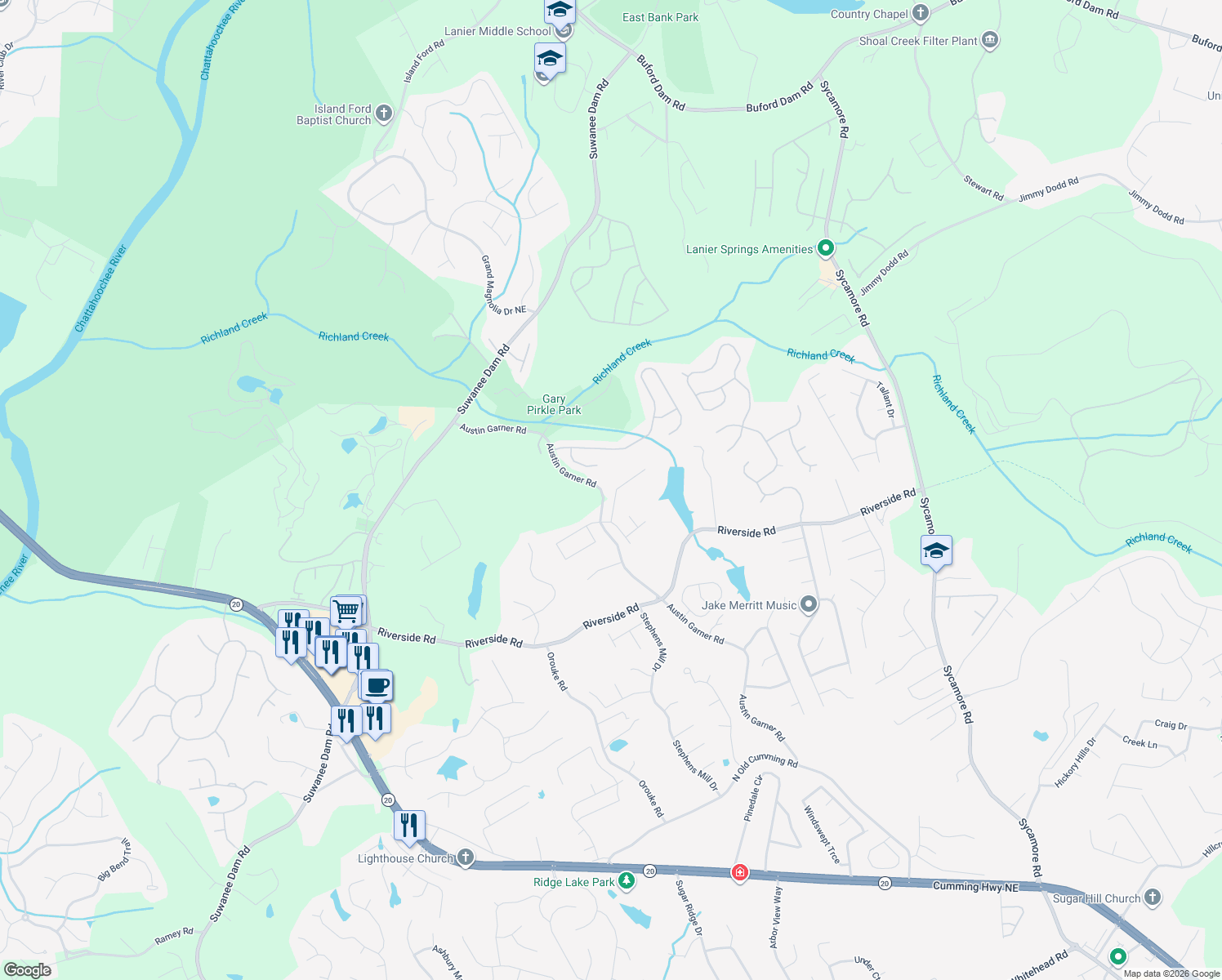 map of restaurants, bars, coffee shops, grocery stores, and more near 6036 Trail Hikes Drive in Sugar Hill