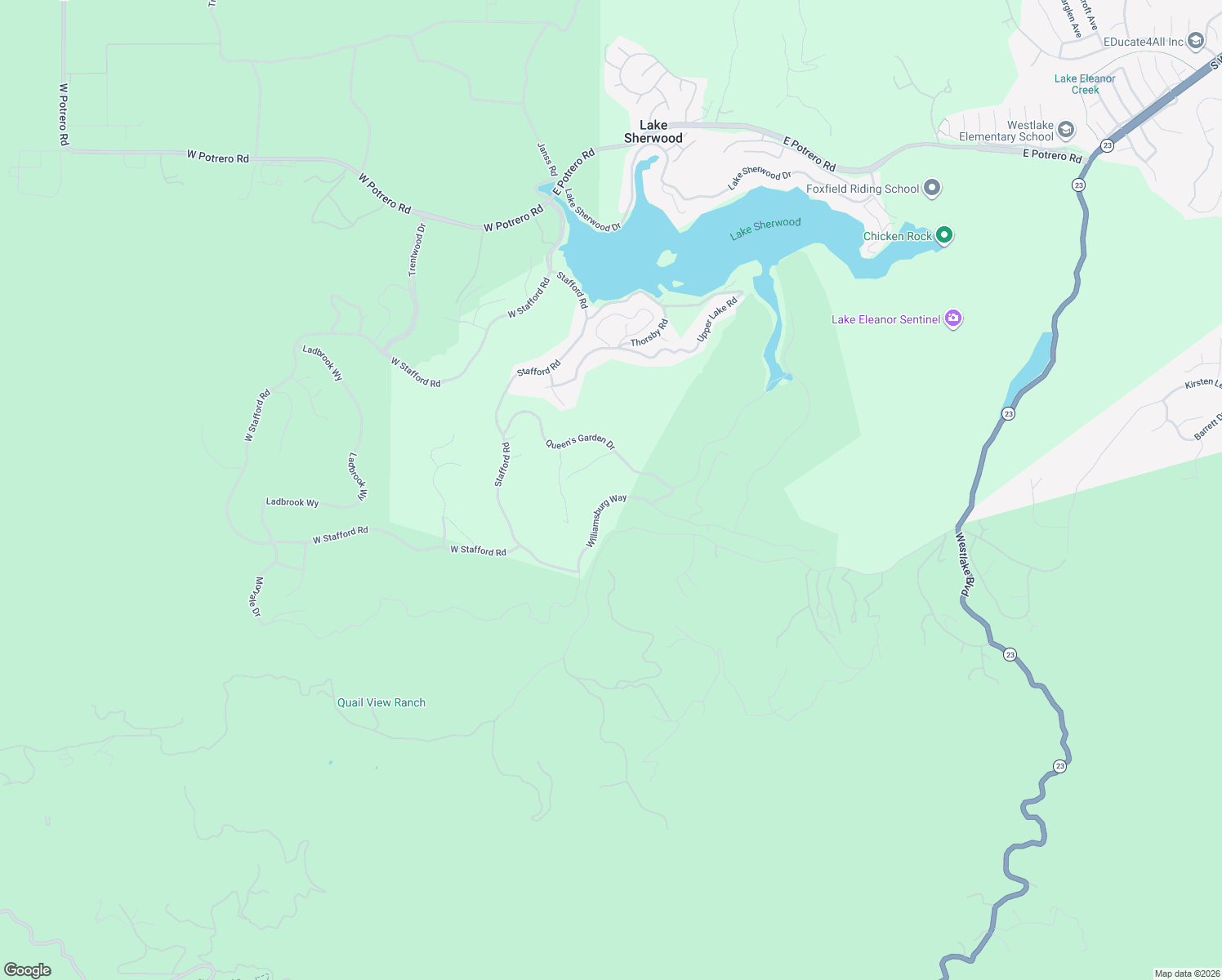 map of restaurants, bars, coffee shops, grocery stores, and more near 61 Williamsburg Way in Thousand Oaks