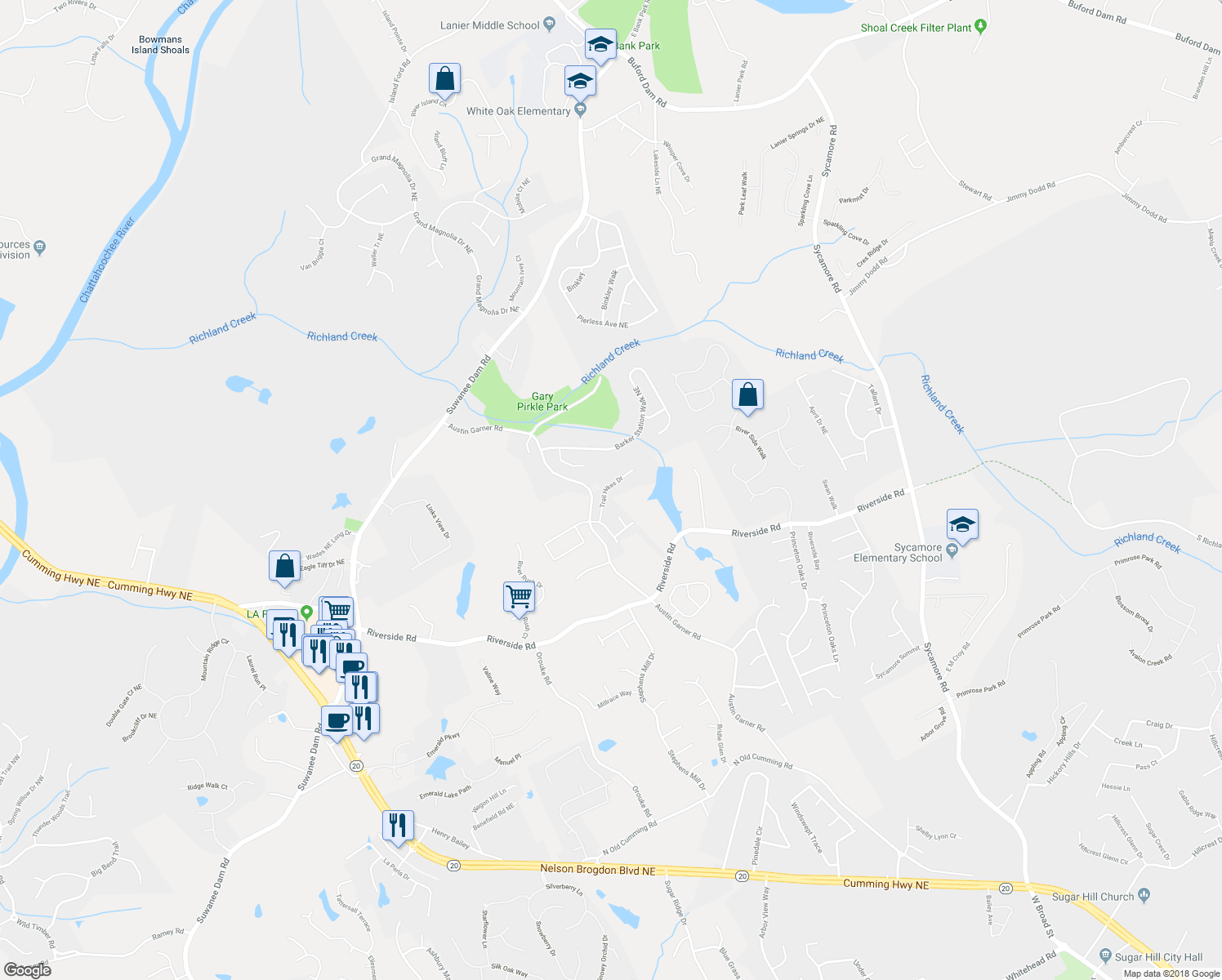 map of restaurants, bars, coffee shops, grocery stores, and more near 6135 Trail Hikes Drive in Sugar Hill