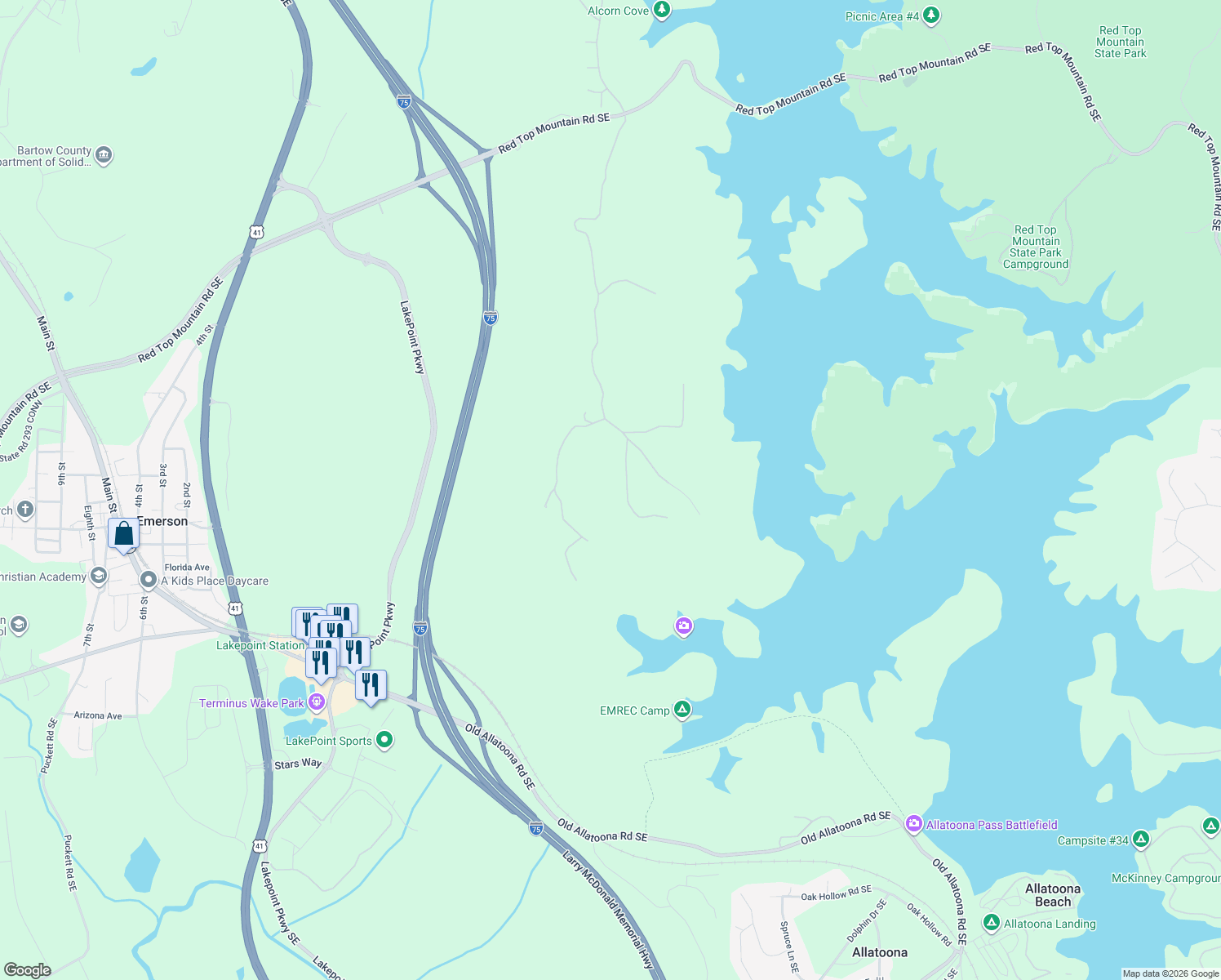 map of restaurants, bars, coffee shops, grocery stores, and more near 18 Ridgewater Drive in Cartersville