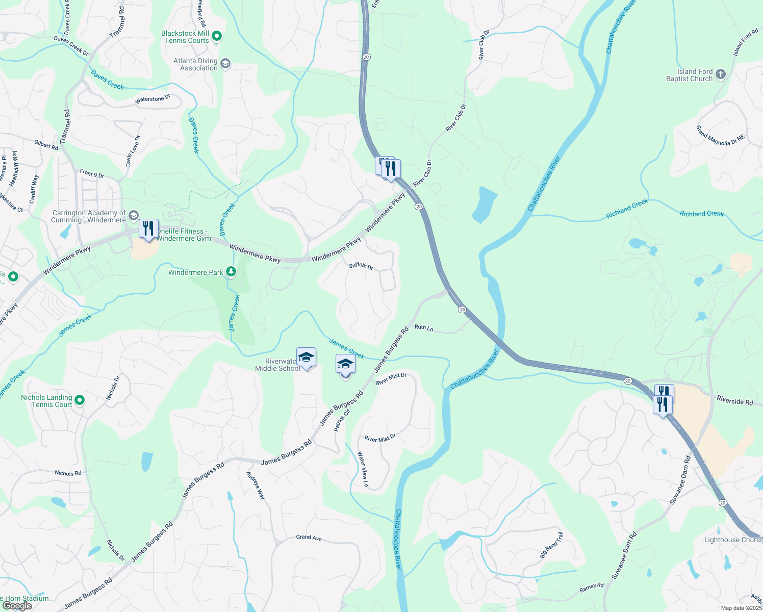 map of restaurants, bars, coffee shops, grocery stores, and more near 3750 Sweeting St in Cumming