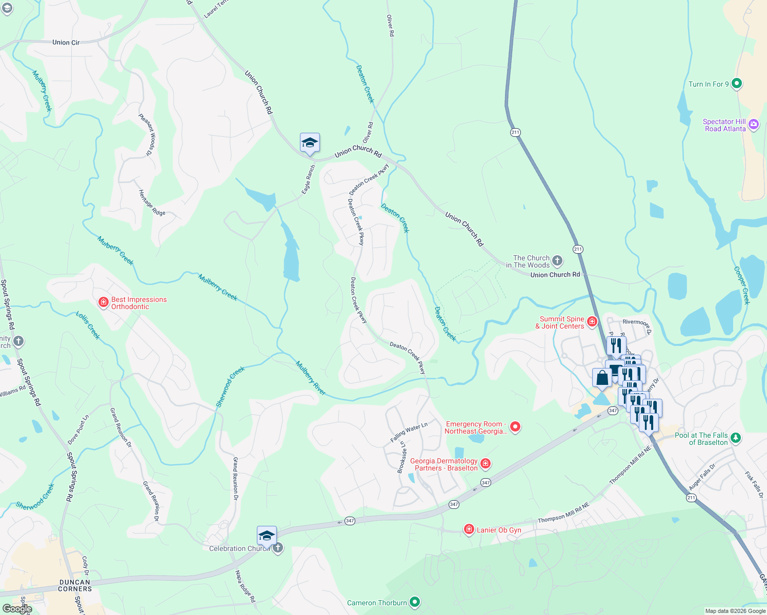 map of restaurants, bars, coffee shops, grocery stores, and more near 6351 Canebridge Lane in Hoschton