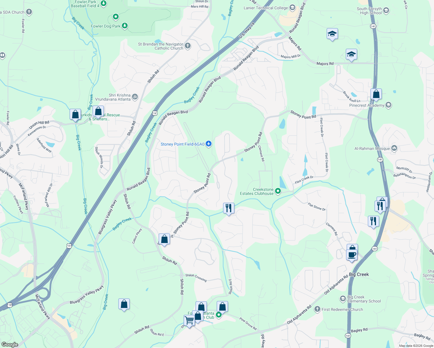 map of restaurants, bars, coffee shops, grocery stores, and more near 2175 Mindy Lane in Cumming