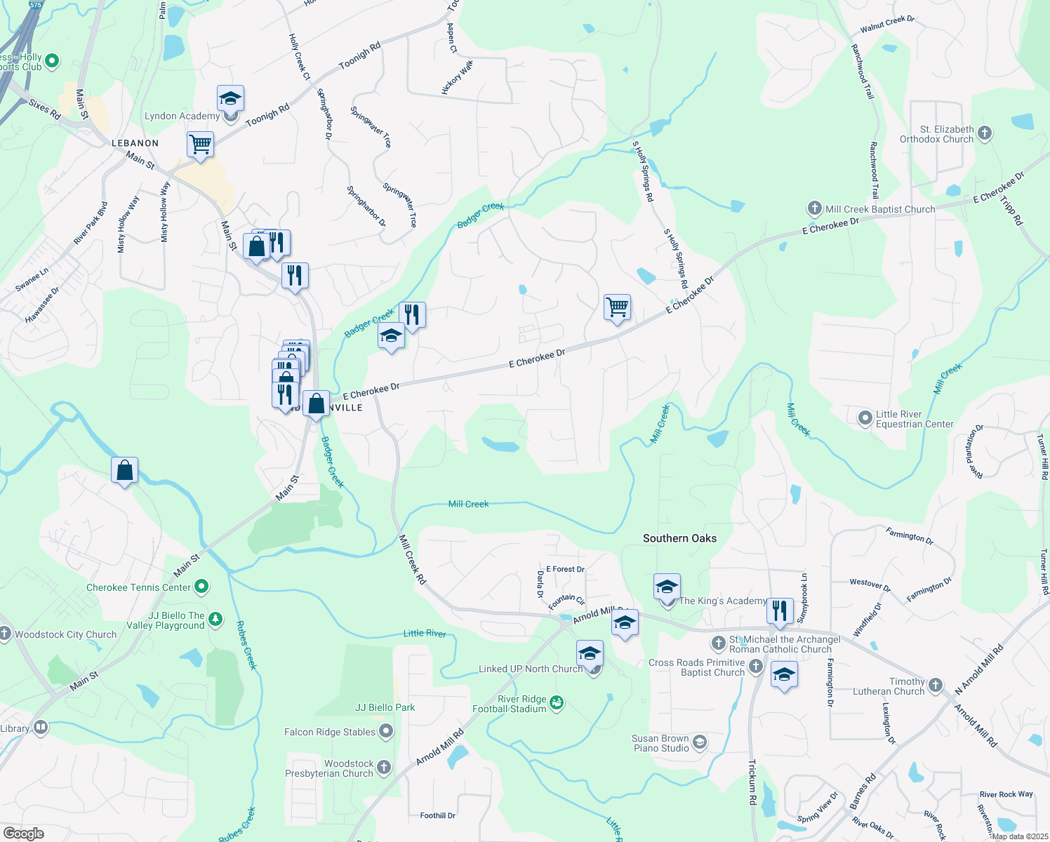 map of restaurants, bars, coffee shops, grocery stores, and more near Evans Street in Woodstock