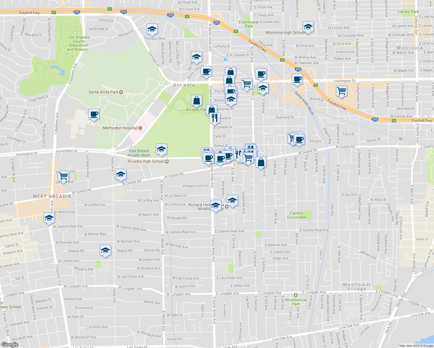 map of restaurants, bars, coffee shops, grocery stores, and more near 15 Christina Street in Arcadia