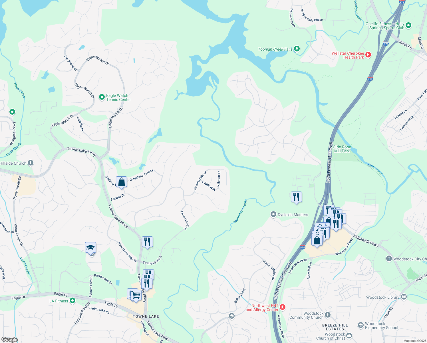 map of restaurants, bars, coffee shops, grocery stores, and more near 5028 Winding Hills Lane in Woodstock