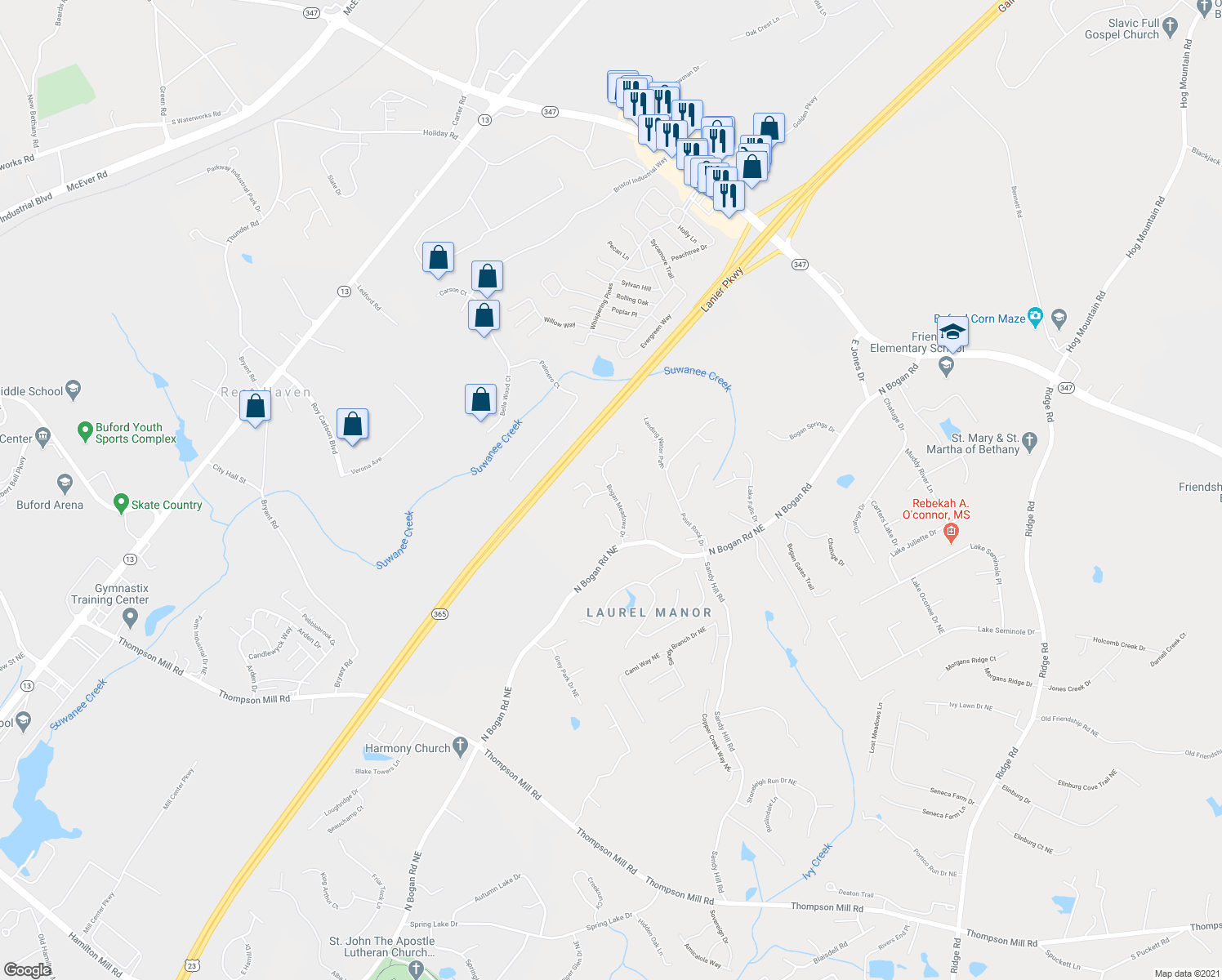 map of restaurants, bars, coffee shops, grocery stores, and more near Bogan Meadows Drive in Buford