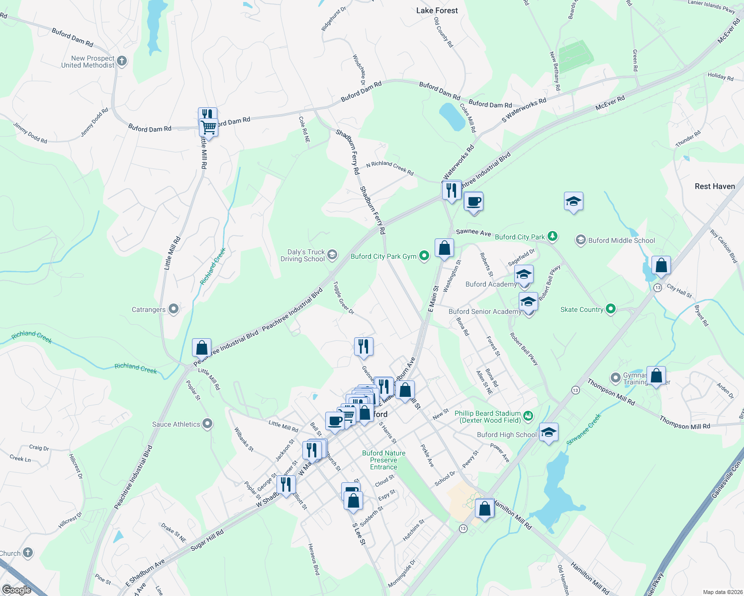 map of restaurants, bars, coffee shops, grocery stores, and more near 130 Stonehedge Dr in Buford