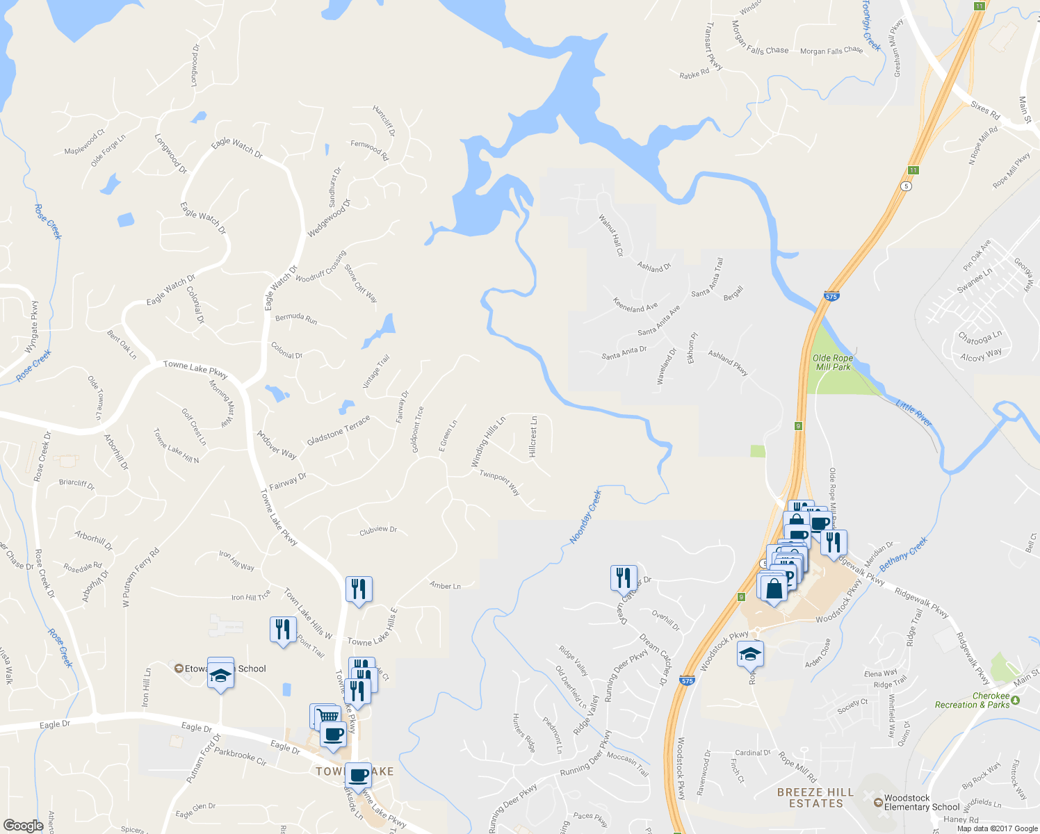 map of restaurants, bars, coffee shops, grocery stores, and more near 5028 Winding Hills Lane in Woodstock