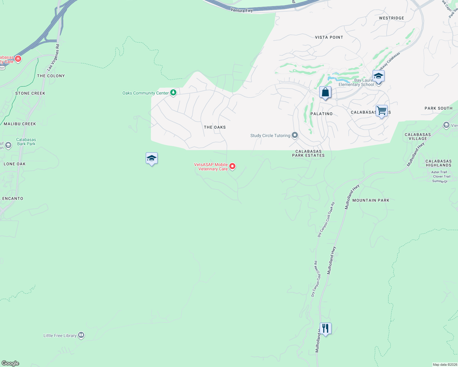map of restaurants, bars, coffee shops, grocery stores, and more near 25315 Prado De Los Suenos in Calabasas