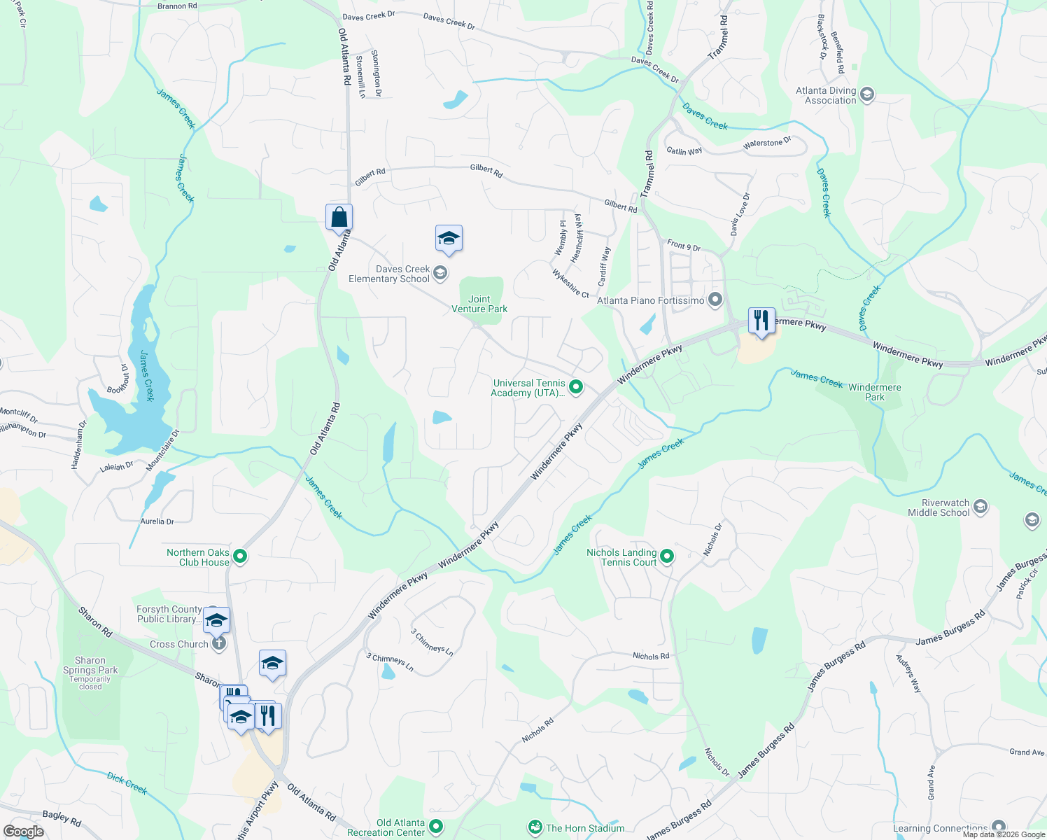 map of restaurants, bars, coffee shops, grocery stores, and more near 4550 Brumby Ln in Cumming
