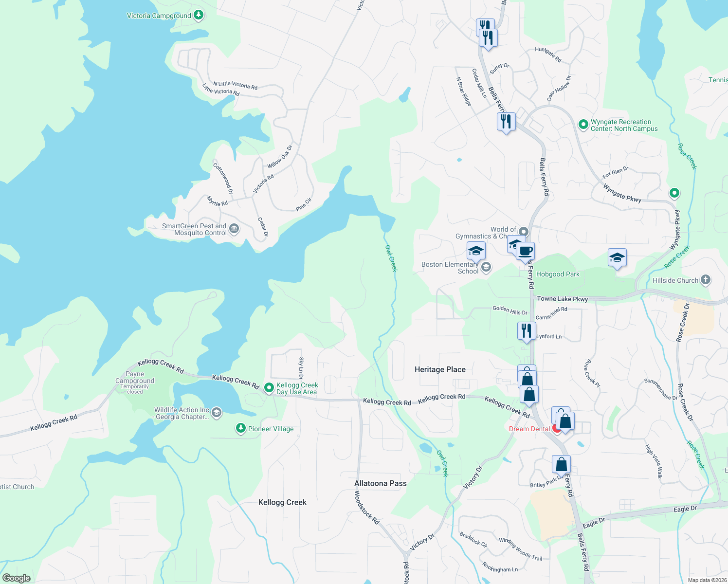 map of restaurants, bars, coffee shops, grocery stores, and more near 105 Summer Lake Place in Acworth