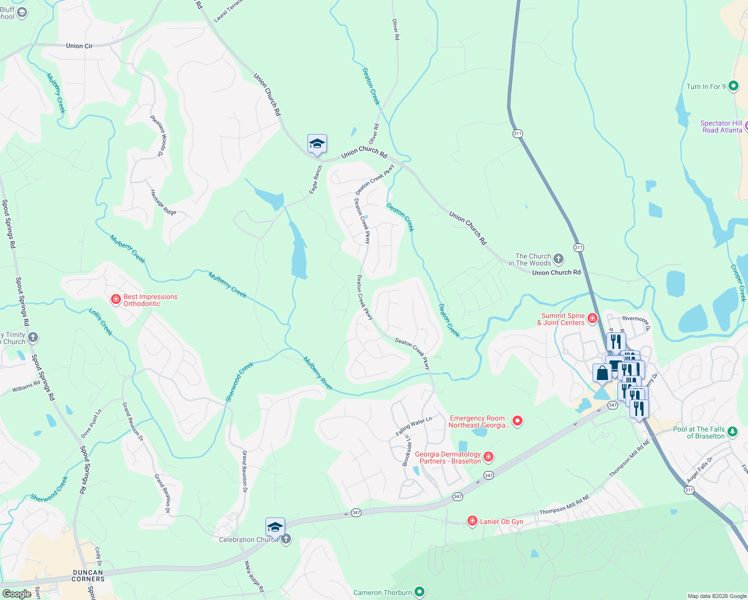 map of restaurants, bars, coffee shops, grocery stores, and more near 6460 Lantern Ridge in Hoschton