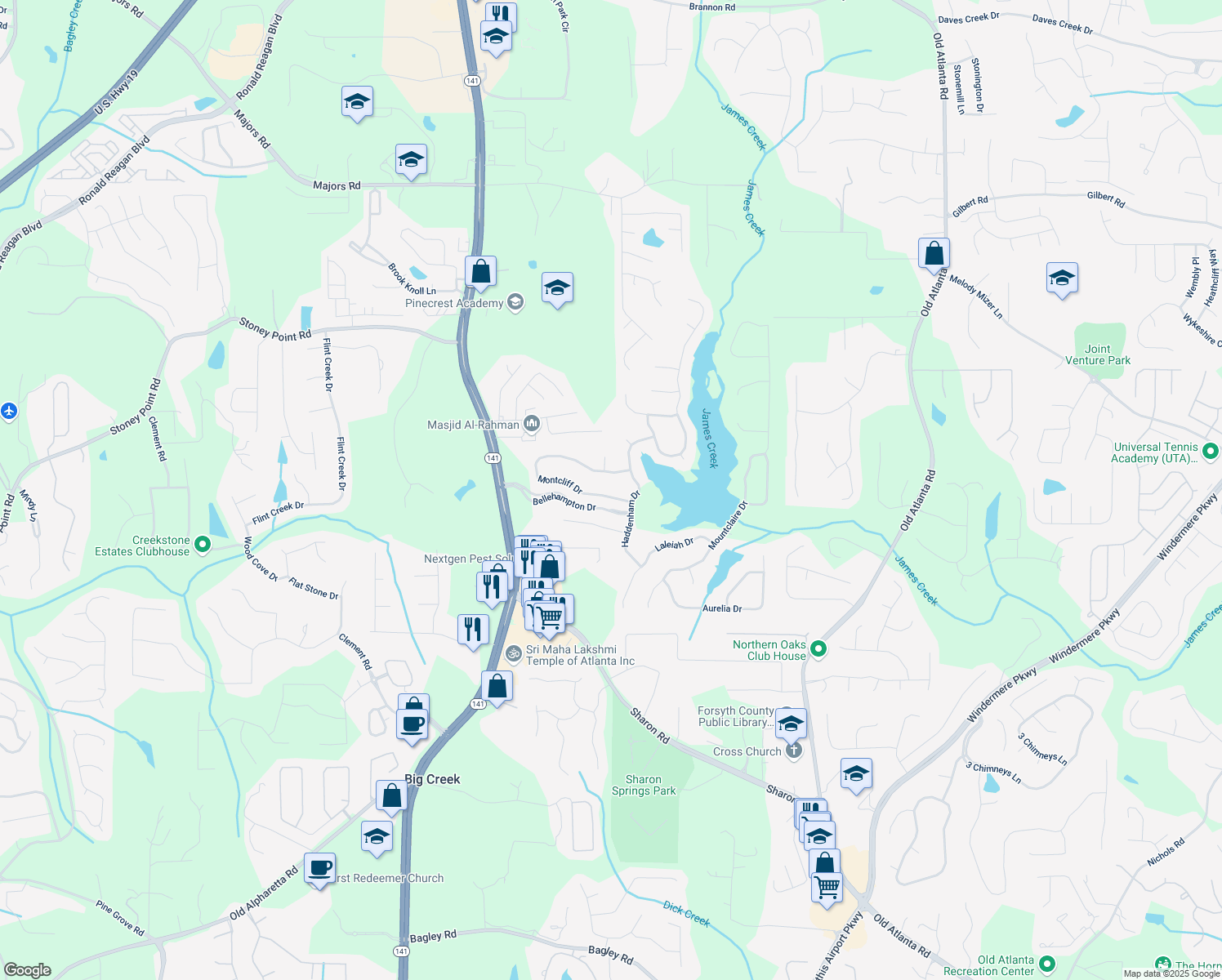 map of restaurants, bars, coffee shops, grocery stores, and more near 1815 Montcliff Drive in Cumming