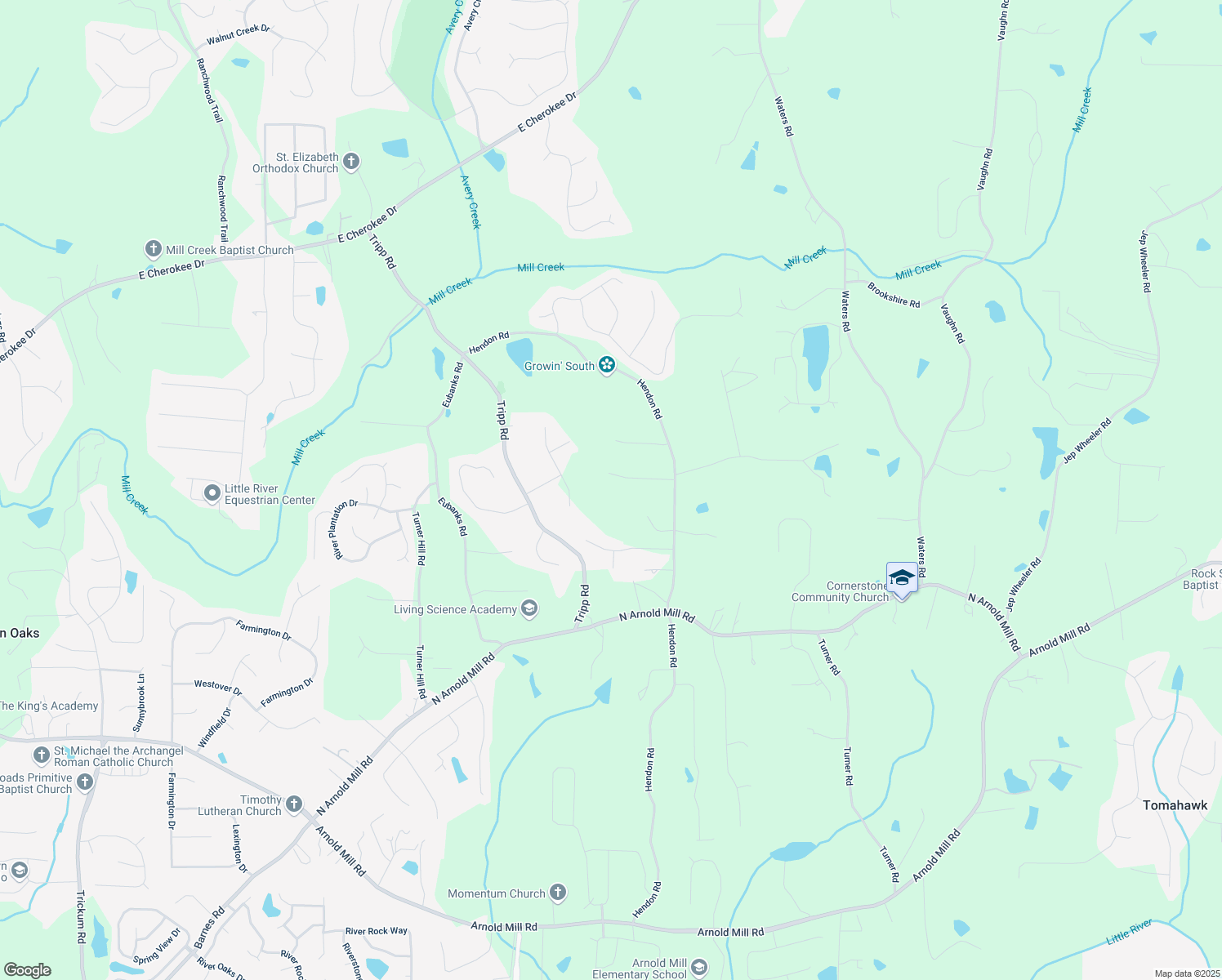 map of restaurants, bars, coffee shops, grocery stores, and more near 1421 Hendon Road in Woodstock