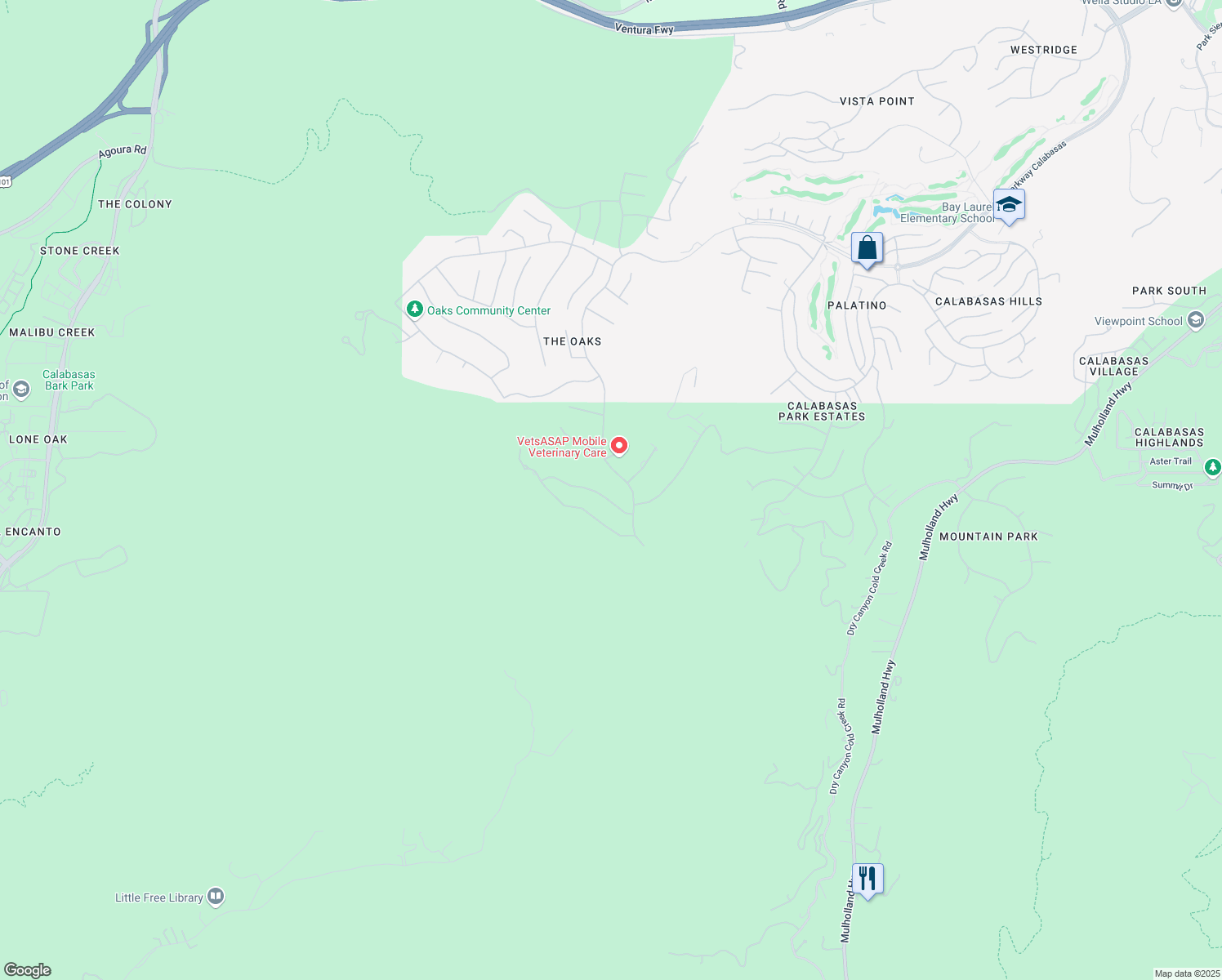 map of restaurants, bars, coffee shops, grocery stores, and more near 25315 Prado De Los Suenos in Calabasas