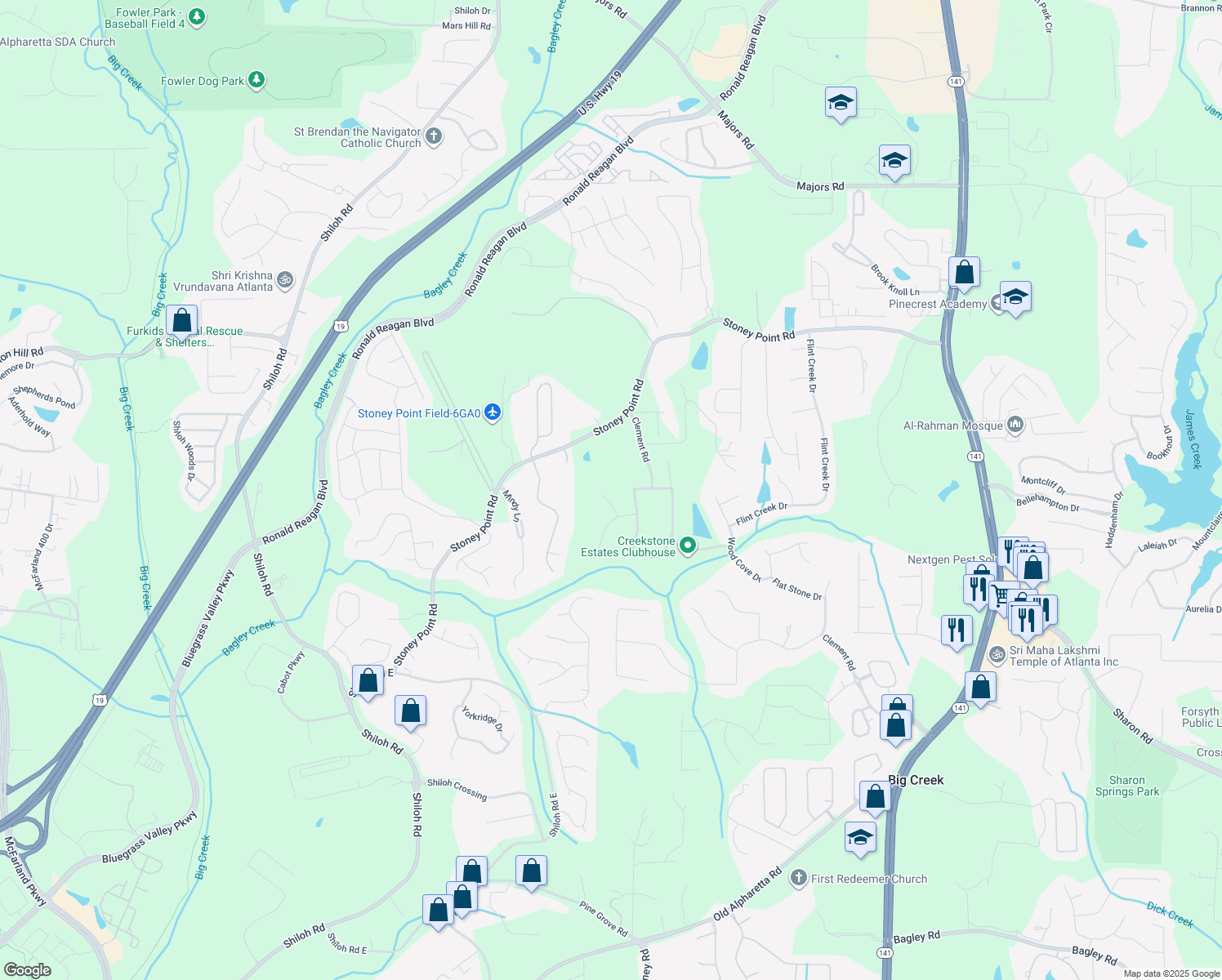 map of restaurants, bars, coffee shops, grocery stores, and more near 1901 Stone Meadow Way in Cumming