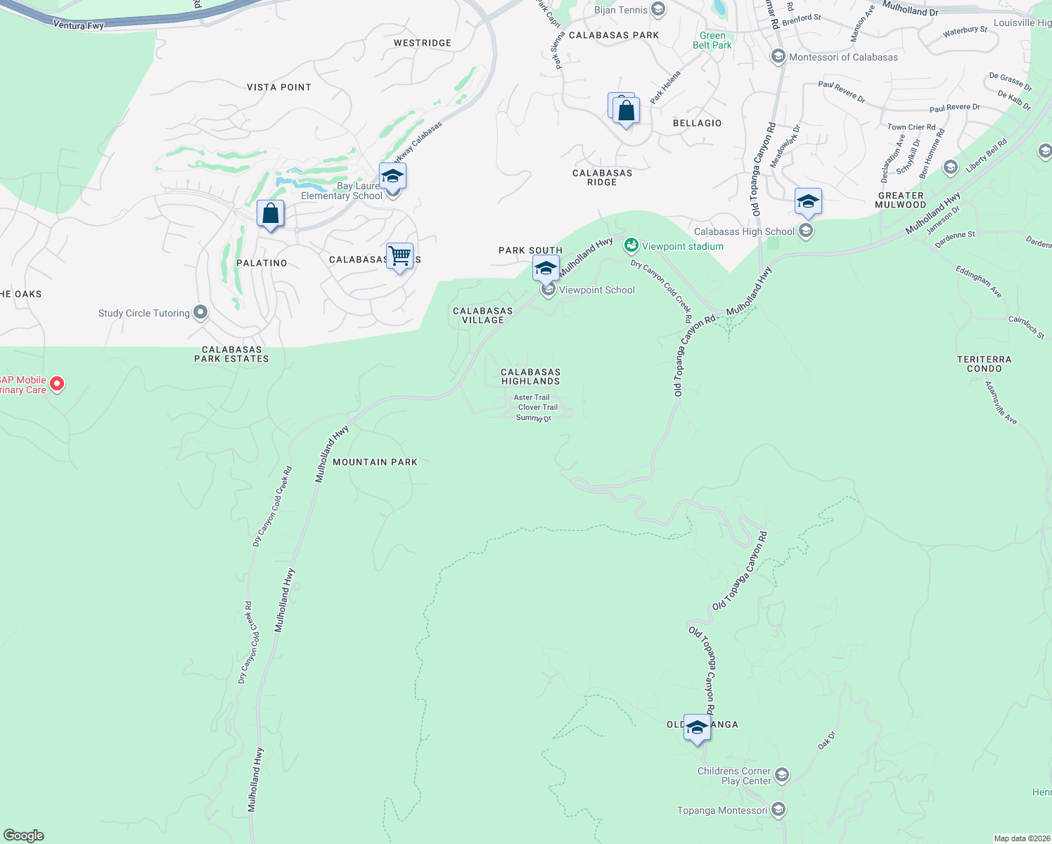 map of restaurants, bars, coffee shops, grocery stores, and more near 23670 Summit Drive in Calabasas