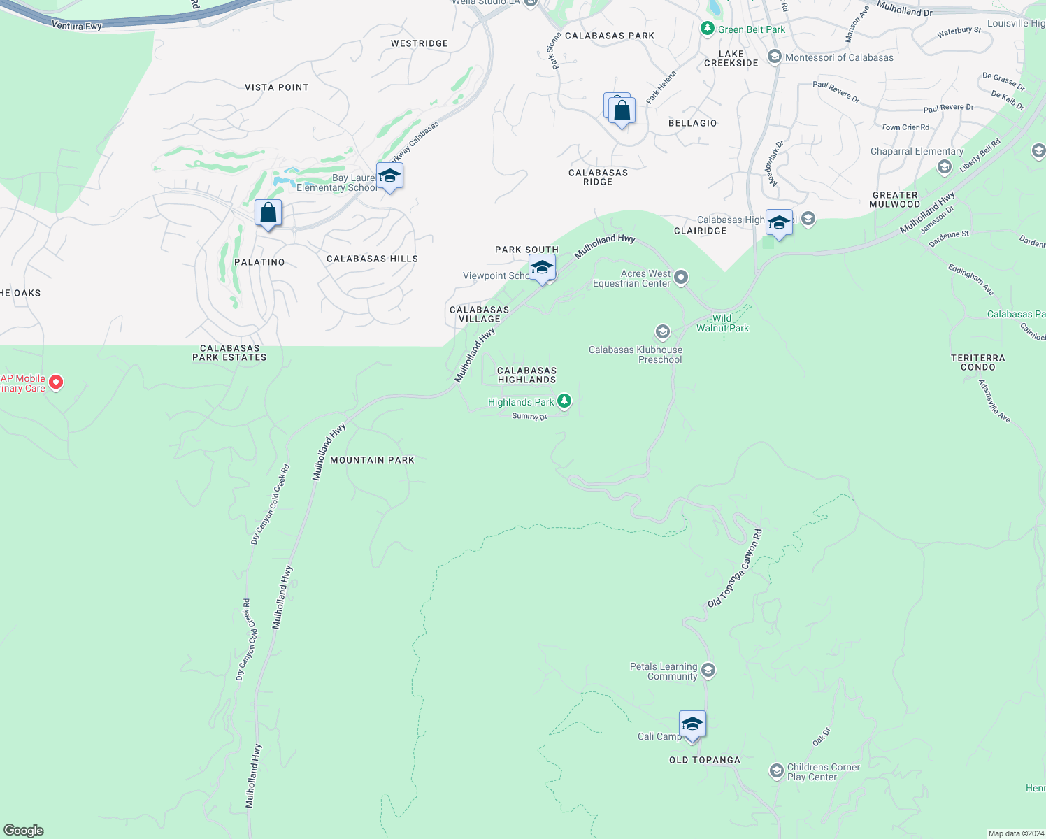 map of restaurants, bars, coffee shops, grocery stores, and more near 23670 Summit Drive in Calabasas