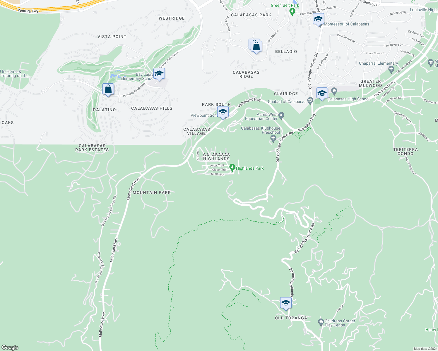 map of restaurants, bars, coffee shops, grocery stores, and more near 23650 Summit Drive in Calabasas
