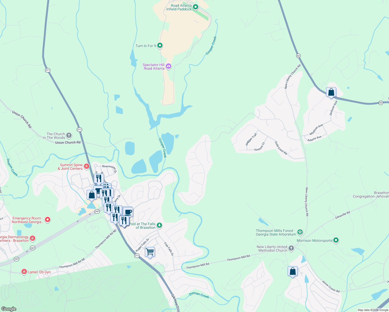 map of restaurants, bars, coffee shops, grocery stores, and more near 7670 Silk Tree Pointe in Braselton