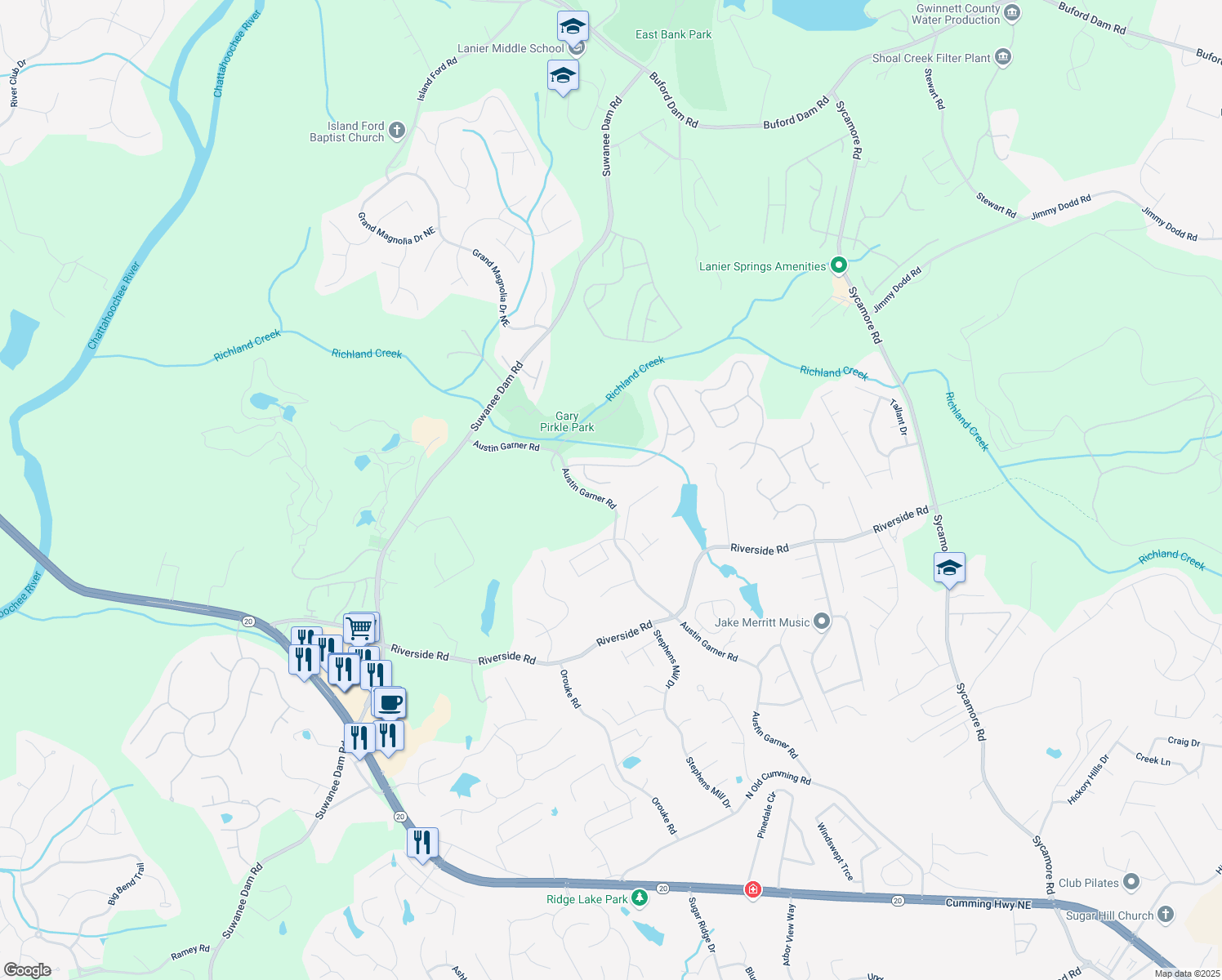map of restaurants, bars, coffee shops, grocery stores, and more near 6025 Barker Landing Northeast in Sugar Hill