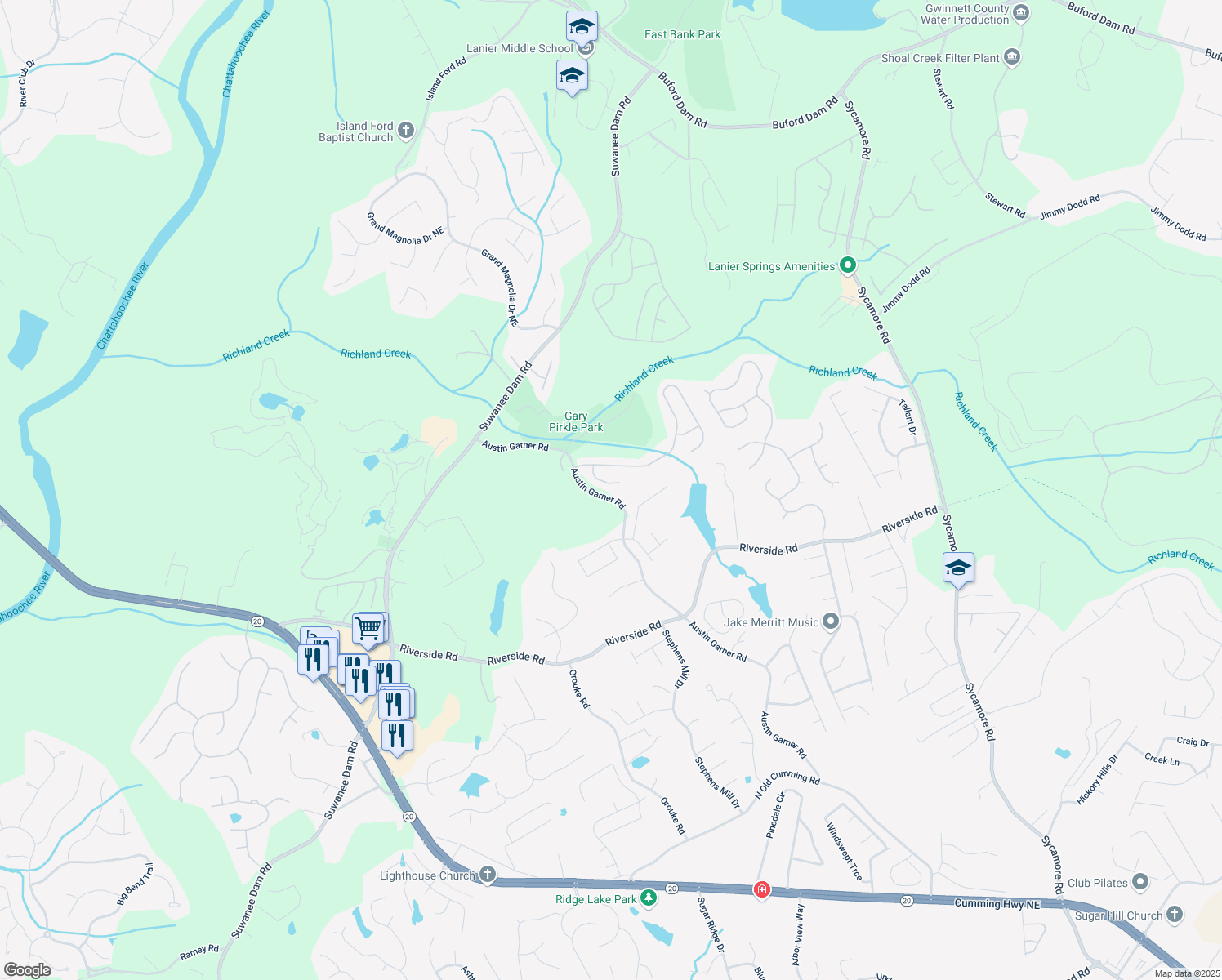 map of restaurants, bars, coffee shops, grocery stores, and more near 6096 Barker Landing Northeast in Sugar Hill