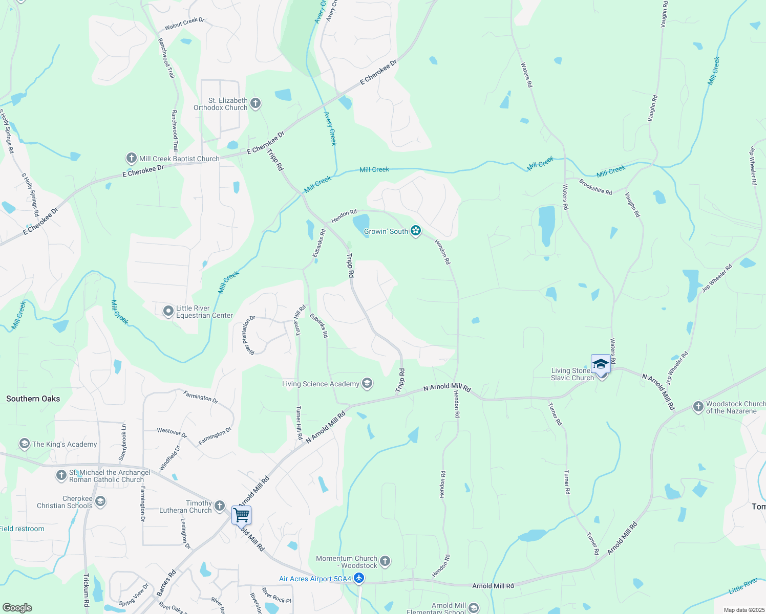 map of restaurants, bars, coffee shops, grocery stores, and more near 607 Hickory Creek Lane in Woodstock