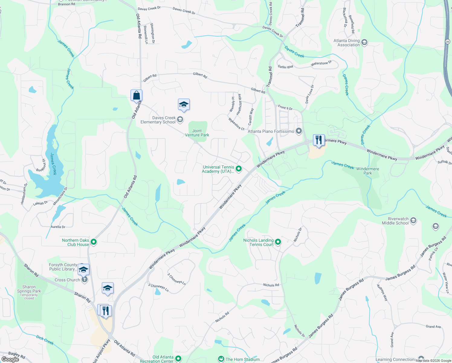 map of restaurants, bars, coffee shops, grocery stores, and more near 4430 Hedgewood Dr in Cumming