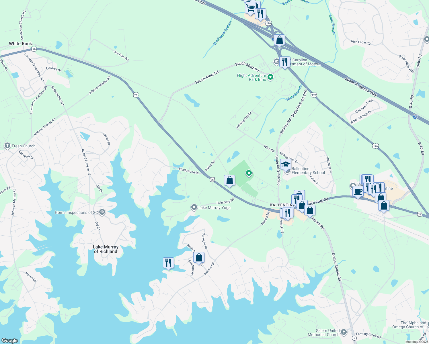 map of restaurants, bars, coffee shops, grocery stores, and more near 1016 Gates Road in Irmo