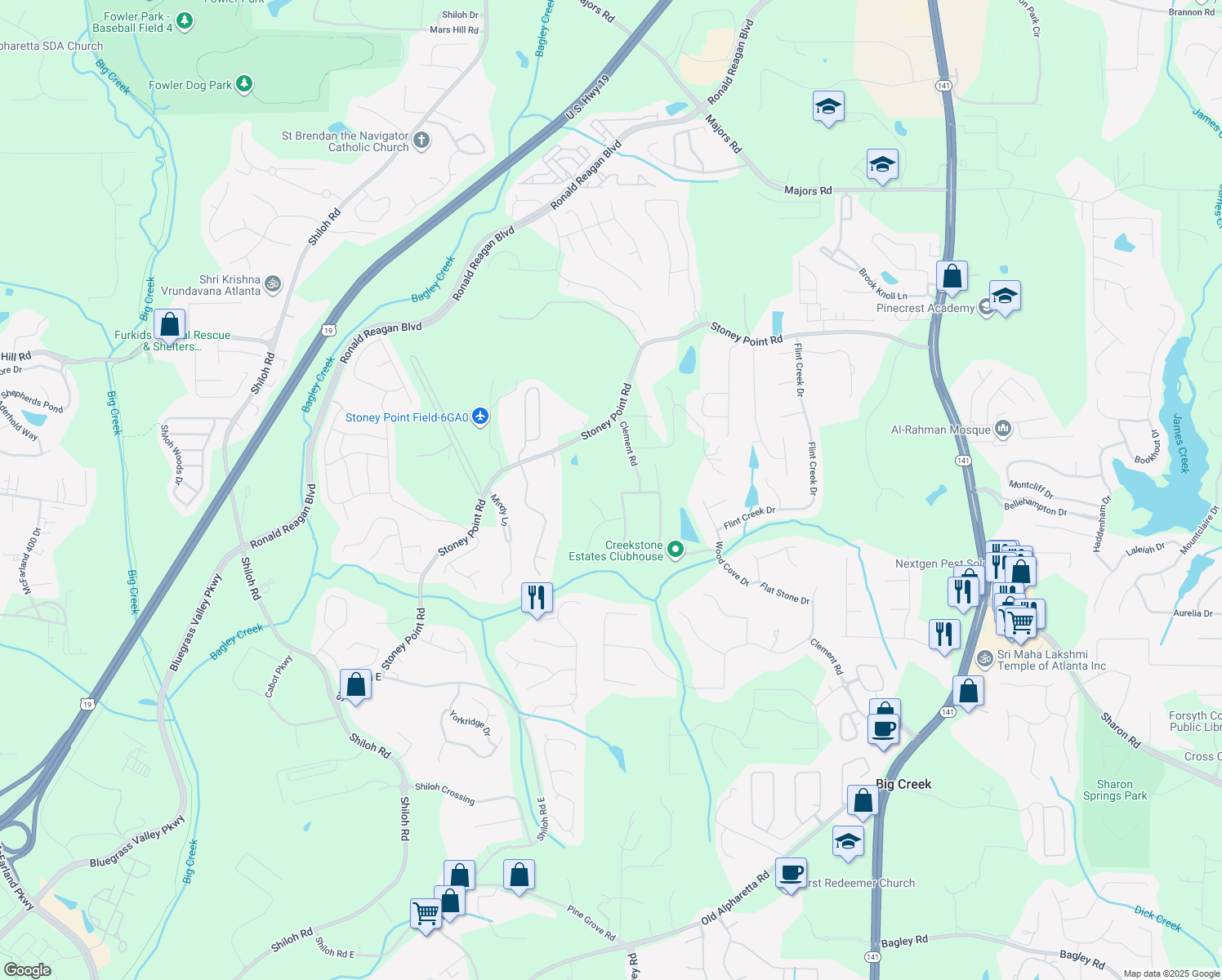 map of restaurants, bars, coffee shops, grocery stores, and more near 1901 Stone Meadow Way in Cumming