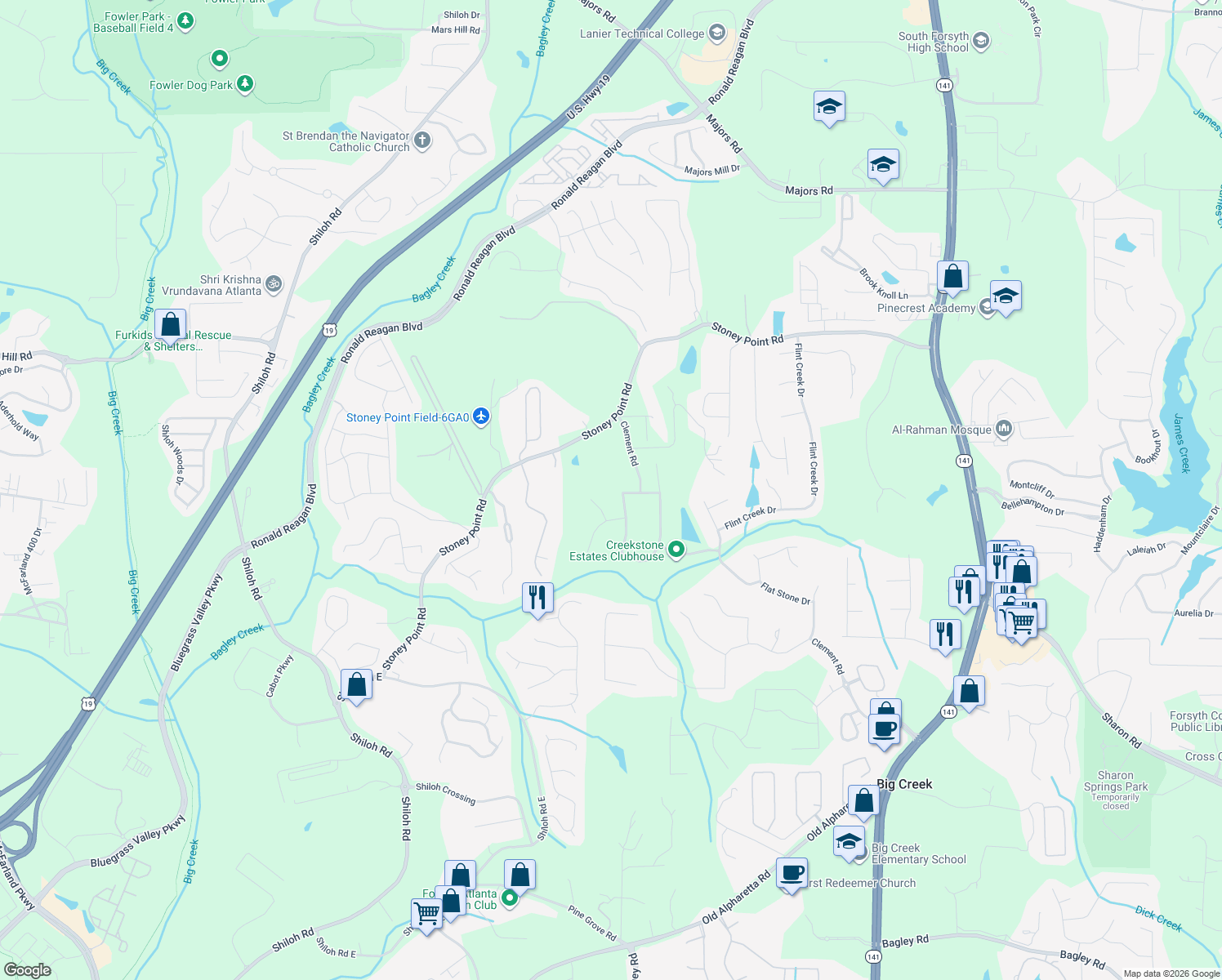 map of restaurants, bars, coffee shops, grocery stores, and more near 1901 Stone Meadow Way in Cumming