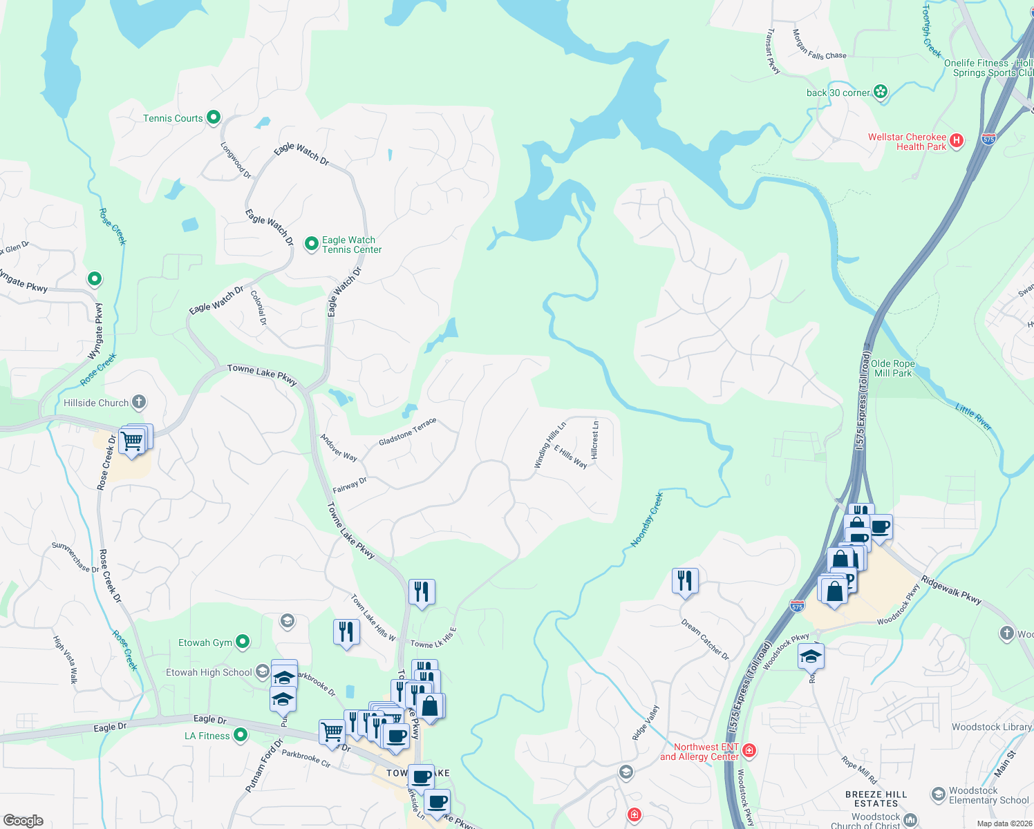 map of restaurants, bars, coffee shops, grocery stores, and more near 721 East Green Lane in Woodstock