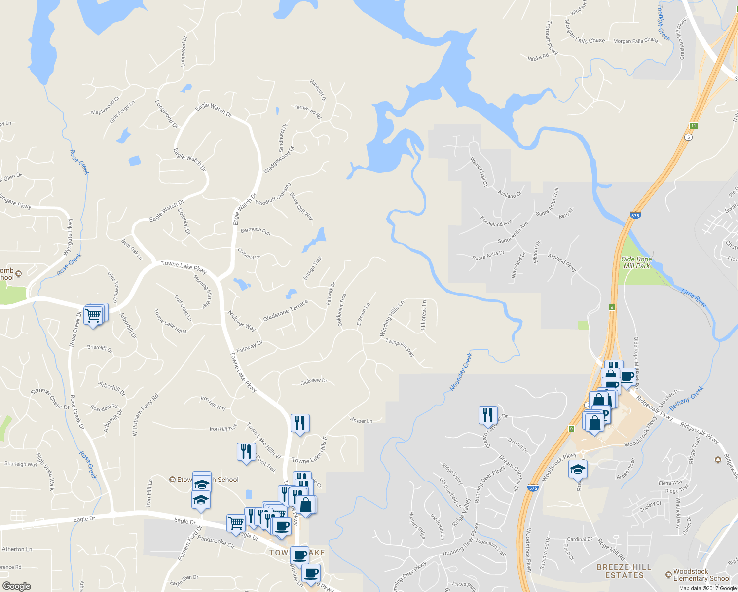 map of restaurants, bars, coffee shops, grocery stores, and more near 721 East Green Lane in Woodstock