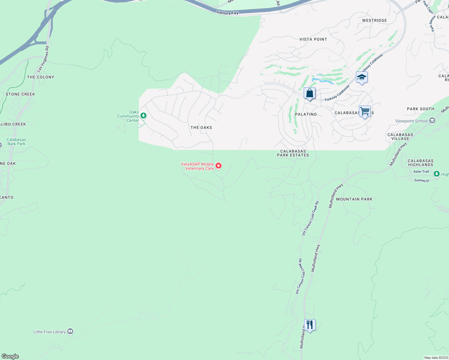 map of restaurants, bars, coffee shops, grocery stores, and more near 25202 Prado Del Misterio in Calabasas