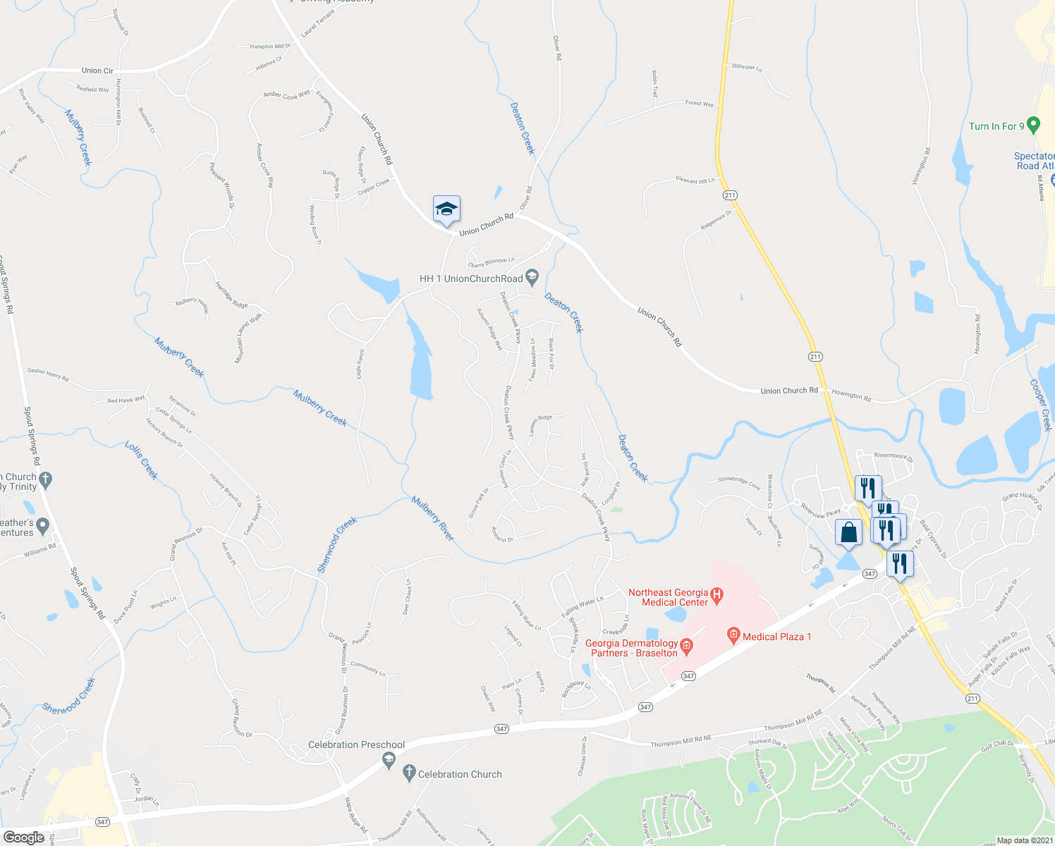 map of restaurants, bars, coffee shops, grocery stores, and more near 6460 Lantern Ridge in Hoschton