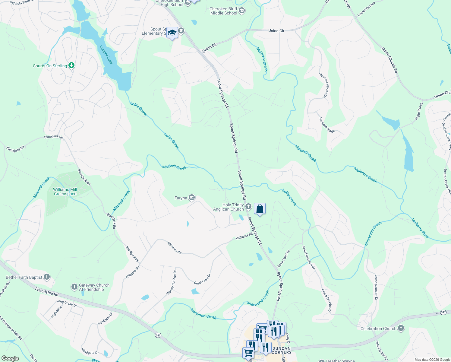 map of restaurants, bars, coffee shops, grocery stores, and more near 6978 Spout Springs Rd in Flowery Branch
