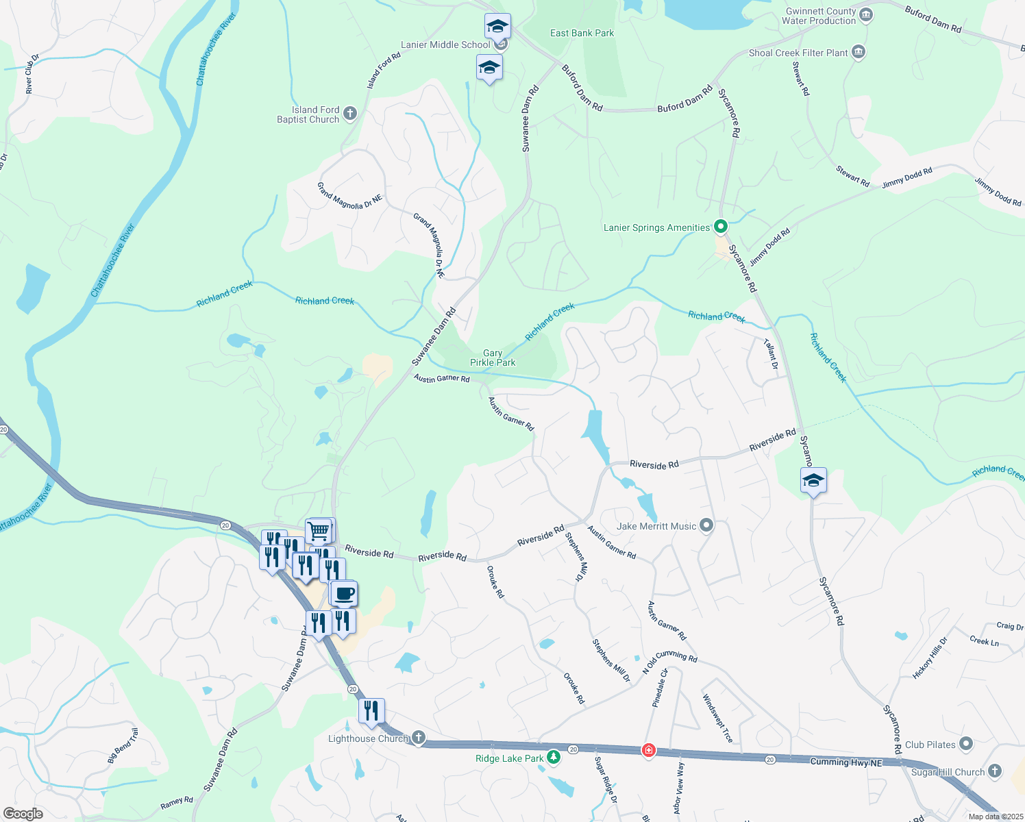 map of restaurants, bars, coffee shops, grocery stores, and more near 6096 Barker Landing Northeast in Sugar Hill