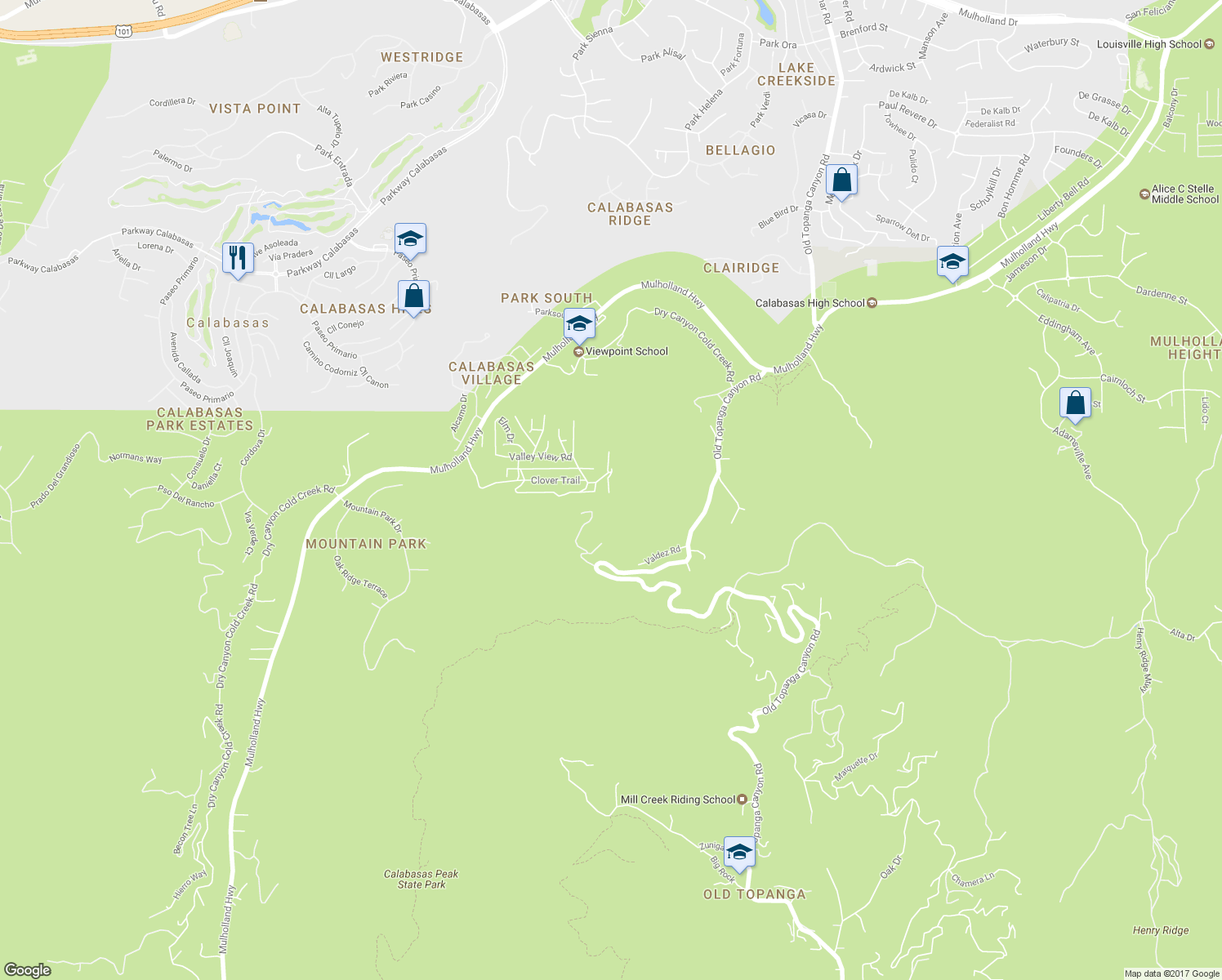 map of restaurants, bars, coffee shops, grocery stores, and more near 3410 Ivy Trail in Calabasas
