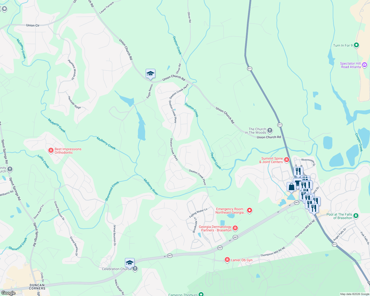 map of restaurants, bars, coffee shops, grocery stores, and more near 6435 Lantern Ridge in Hoschton