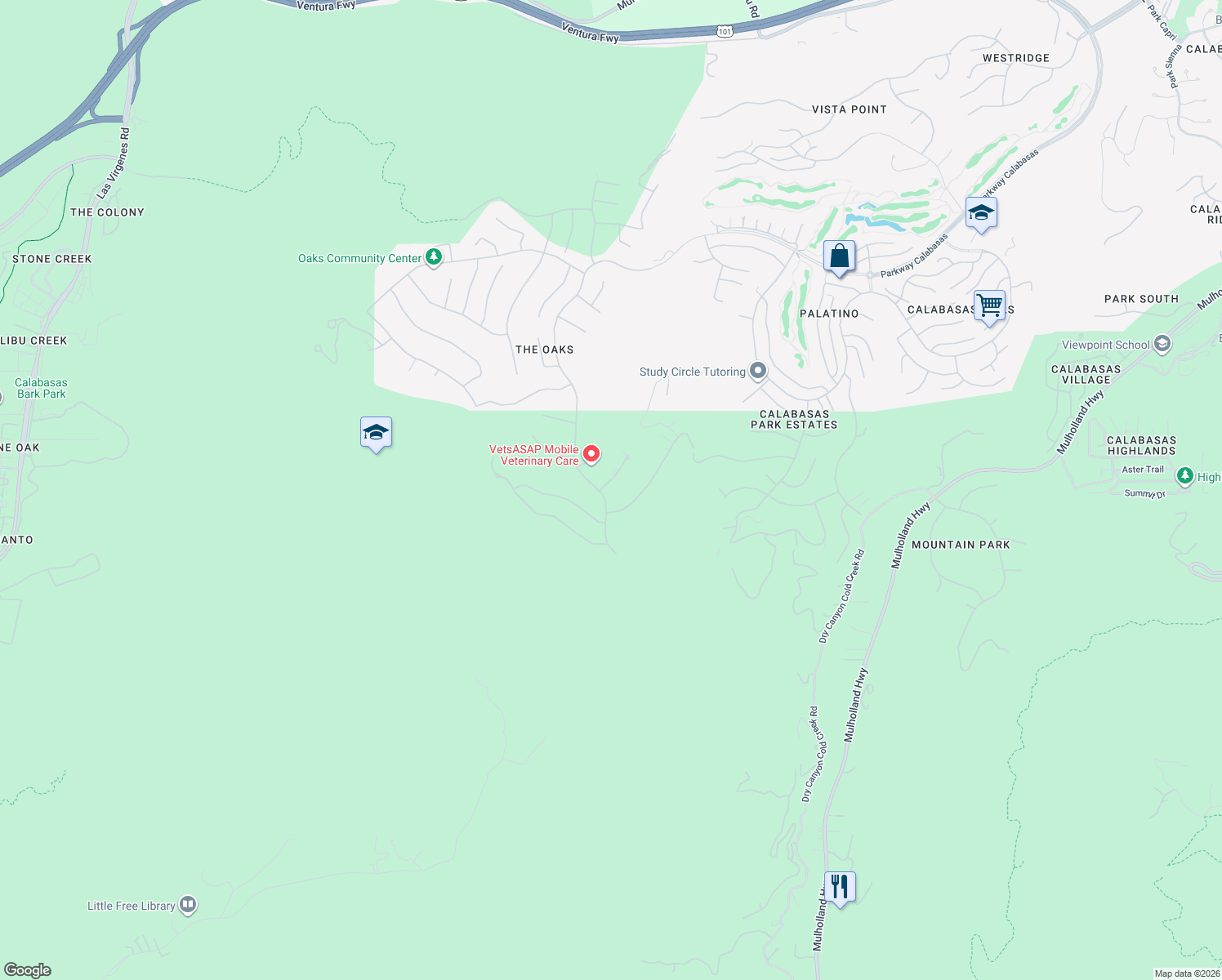 map of restaurants, bars, coffee shops, grocery stores, and more near 25202 Prado Del Misterio in Calabasas