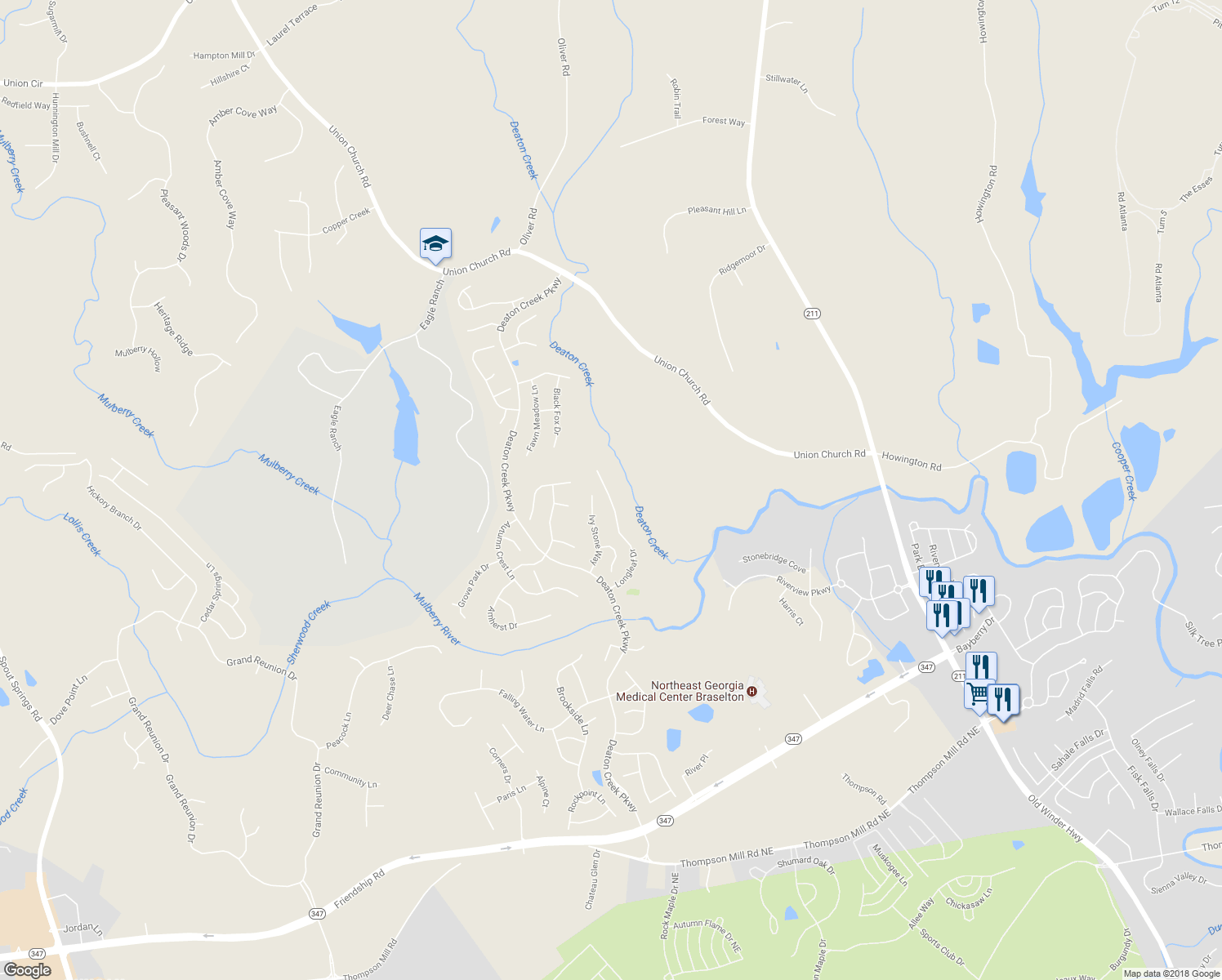 map of restaurants, bars, coffee shops, grocery stores, and more near 6218 Longleaf Drive in Hoschton