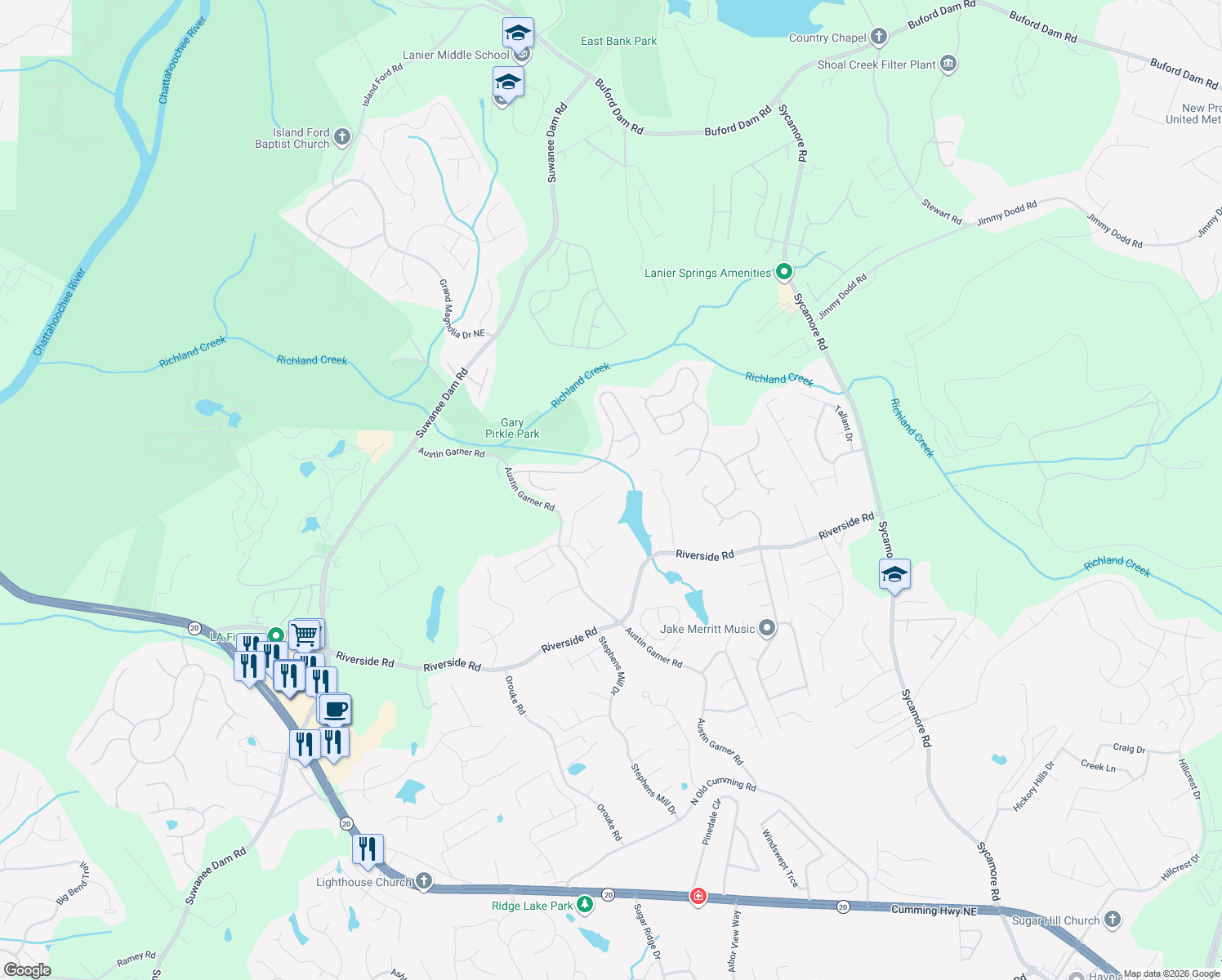 map of restaurants, bars, coffee shops, grocery stores, and more near 6165 Trail Hikes Drive in Sugar Hill