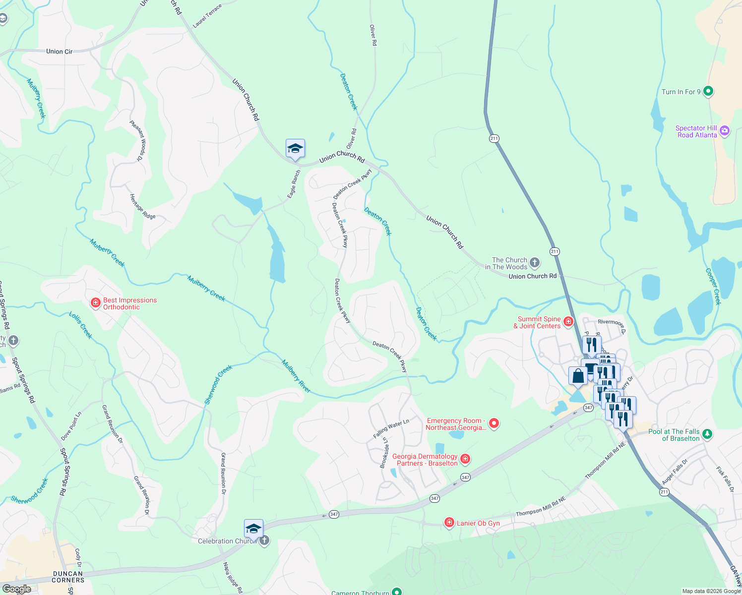 map of restaurants, bars, coffee shops, grocery stores, and more near 6435 Lantern Ridge in Hoschton