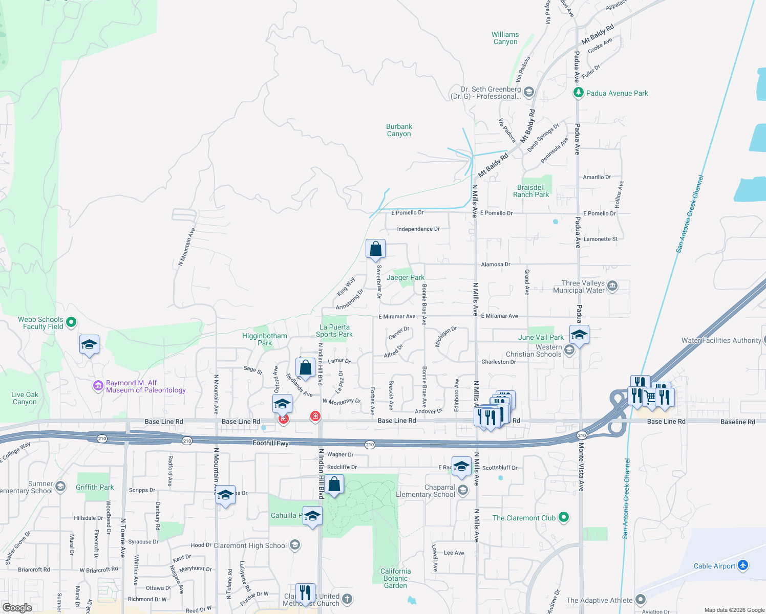 map of restaurants, bars, coffee shops, grocery stores, and more near 2540 Stonehill Court in Claremont